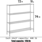 18" Deep x 72" Wide x 74" Height Wire Shelving Kit | 4-Tier | NSF Commercial Storage Rack Unit