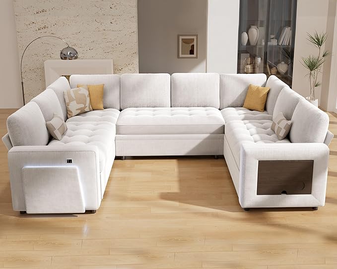 Vipbear 8 Seat U Shaped Modular Sectional Sleeper Sofa with Pull Out Bed/Reclining Backrest/USB Ports/Table/LED Light/Storage Seat, Sectional Sleeper Couch, Tool-Free Assembly, Chenille Beige
