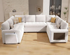 Vipbear 8 Seat U Shaped Modular Sectional Sleeper Sofa with Pull Out Bed/Reclining Backrest/USB Ports/Table/LED Light/Storage Seat, Sectional Sleeper Couch, Tool-Free Assembly, Chenille Beige