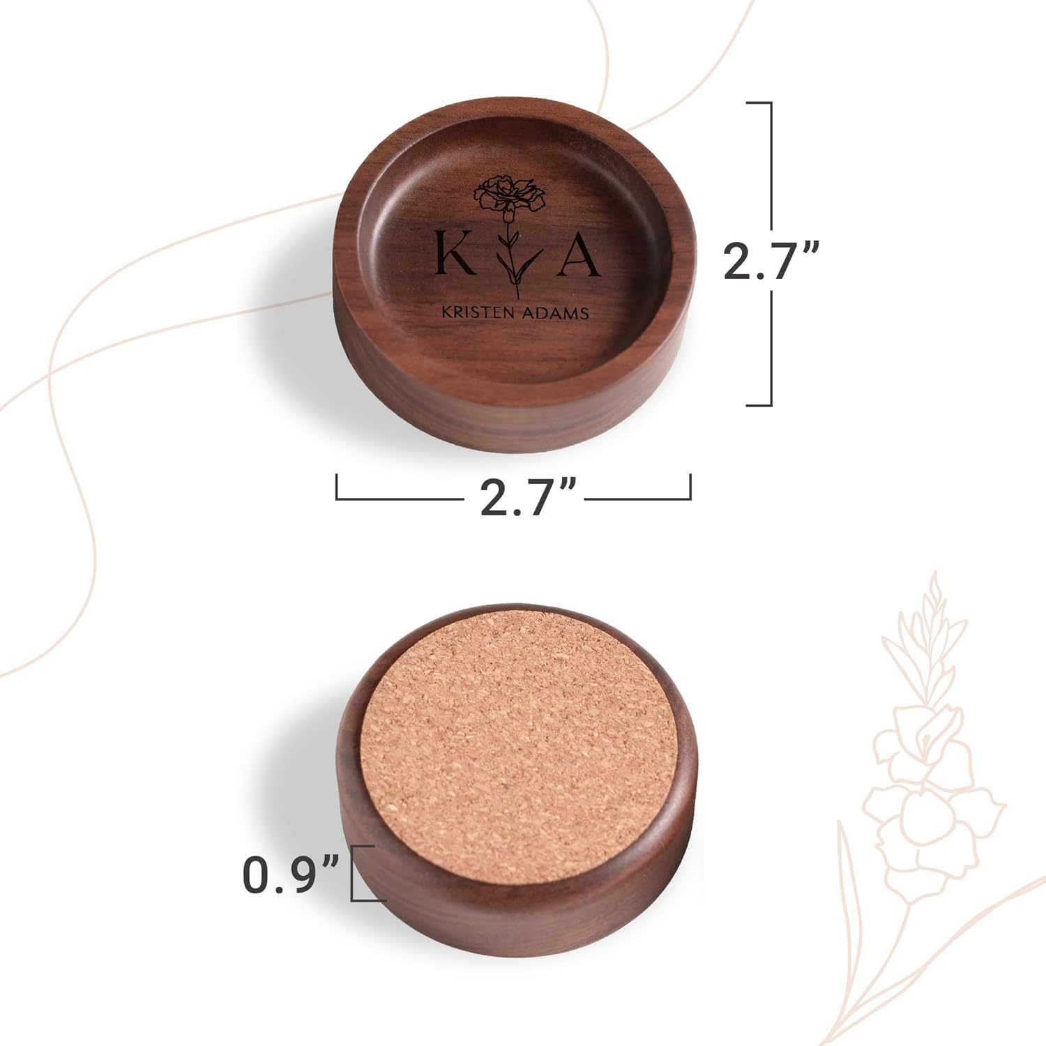 Walnut Wood Ring Holder, Engraved Jewelry Dish and Storage Tray, Unique Gift for Her, Valentine’s Day Gift (Customize, round)