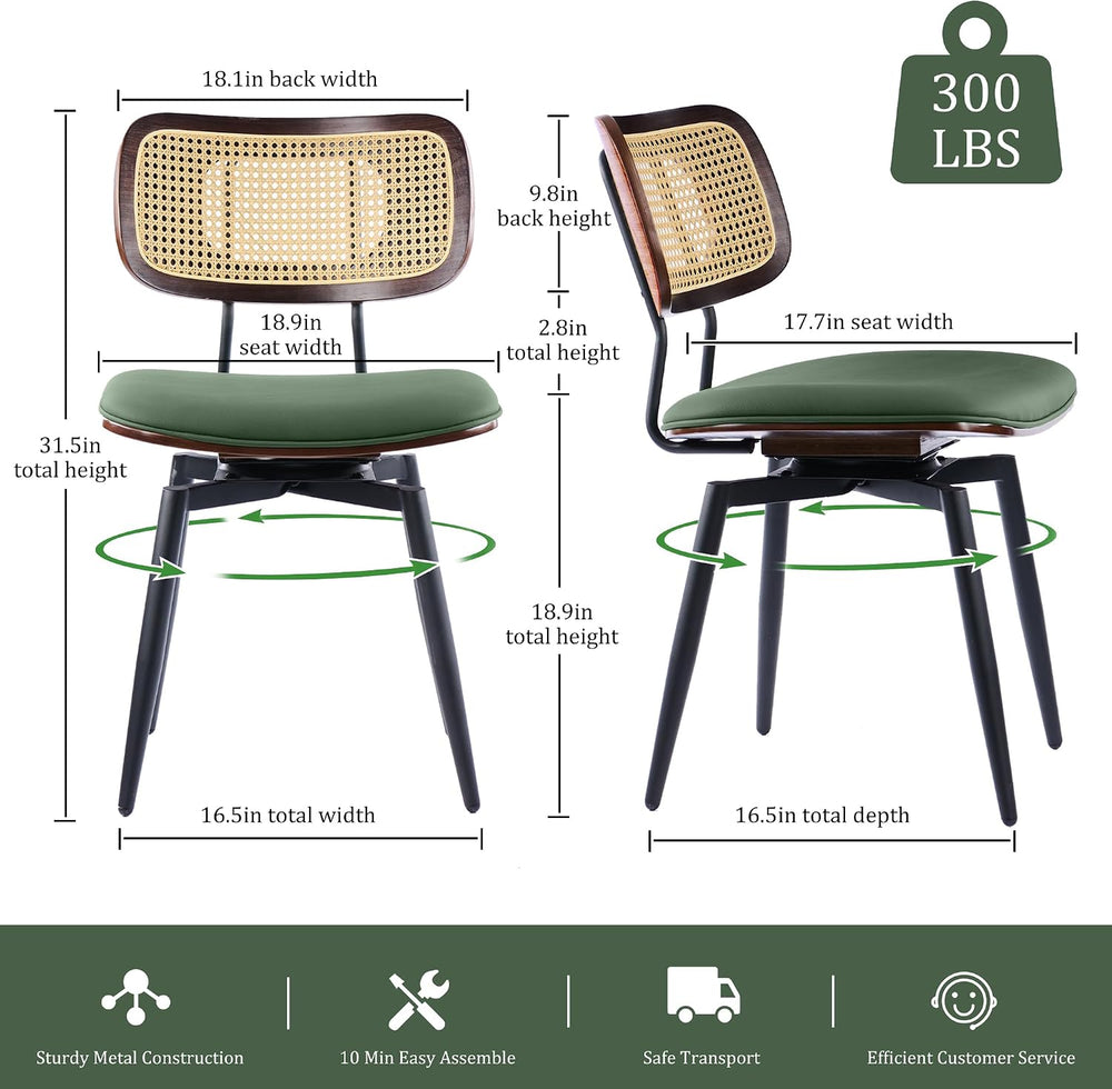 Swivel Dining Chairs with Rattan Back, Modern Green Leather Dining Chairs Set...