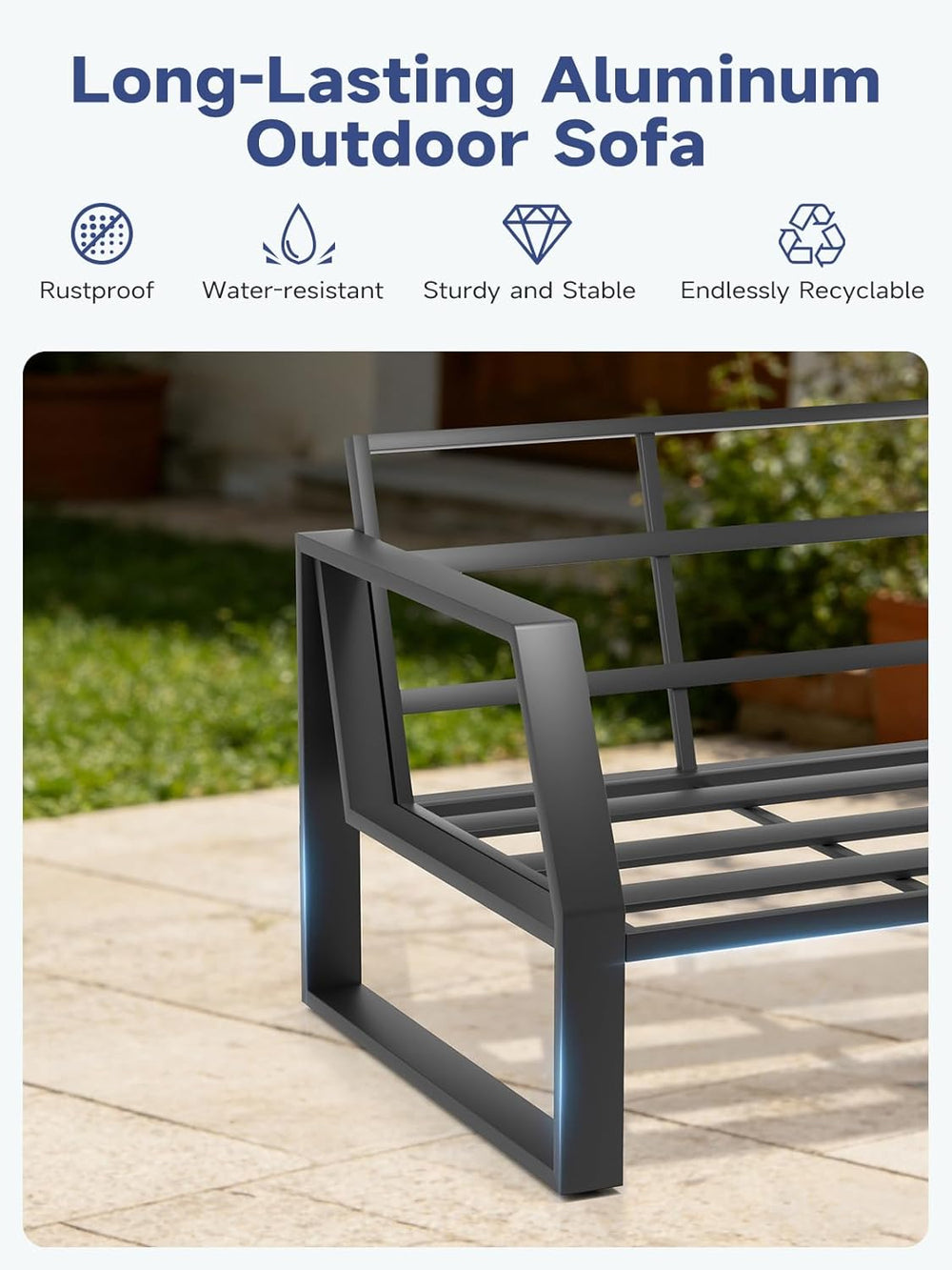 Oversized Outdoor Modern Patio Sofa for 3, 5" Thick Cushions, Deep Seat ...