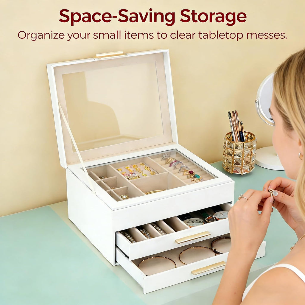 Jewelry Box for Women, 3-Layer Jewelry Box, Jewelry Organizer with Clear Glass Lid and Drawers, Jewelry Organizers and Storage for Necklaces, Rings, Earrings, Bracelets(White)