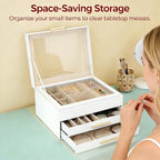 Jewelry Box for Women, 3-Layer Jewelry Box, Jewelry Organizer with Clear Glass Lid and Drawers, Jewelry Organizers and Storage for Necklaces, Rings, Earrings, Bracelets(White)