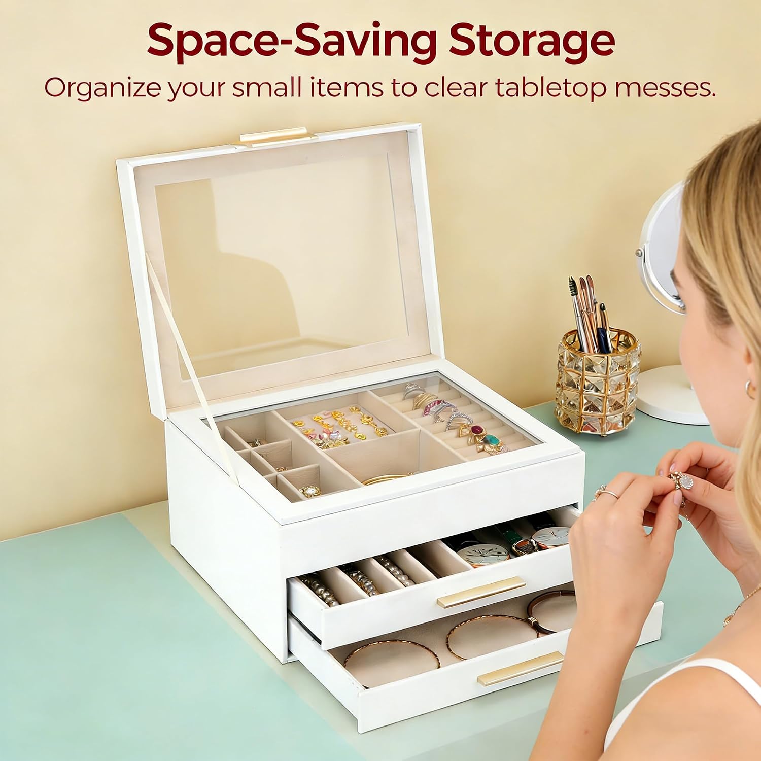 Jewelry Box for Women, 3-Layer Jewelry Box, Jewelry Organizer with Clear Glass Lid and Drawers, Jewelry Organizers and Storage for Necklaces, Rings, Earrings, Bracelets(White)