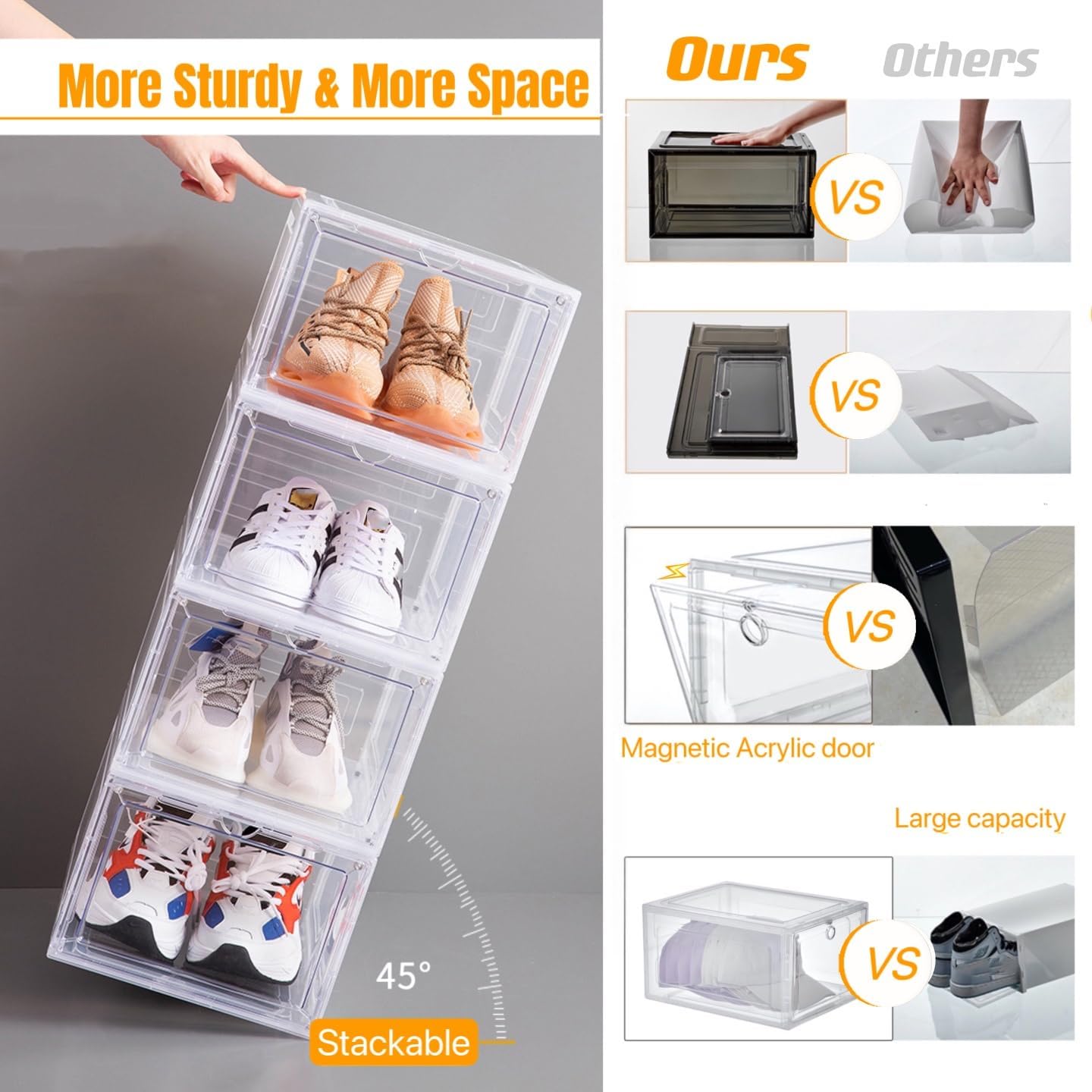 Attelite X-Large Clear Plastic Shoe Boxes - Stackable Shoe Organizer with Magnetic Door (9 Pack, Clear White)