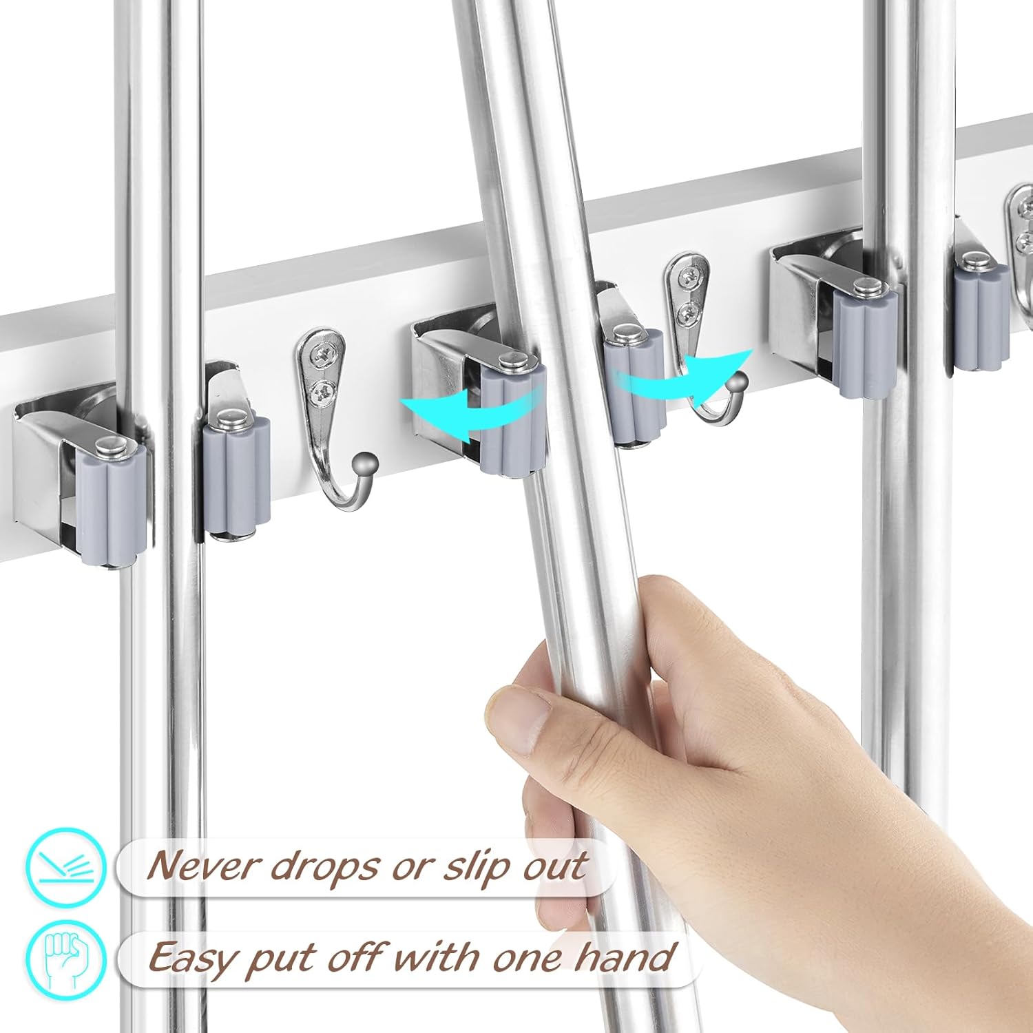 White Mop Broom Holder Wall Mount with 4 Slots & 4 Hooks - Wood Broom Mop Hanger for Pantry Closet Laundry Room Organization - Heavy Duty Garden Tool Organizer - White Kitchen Decor