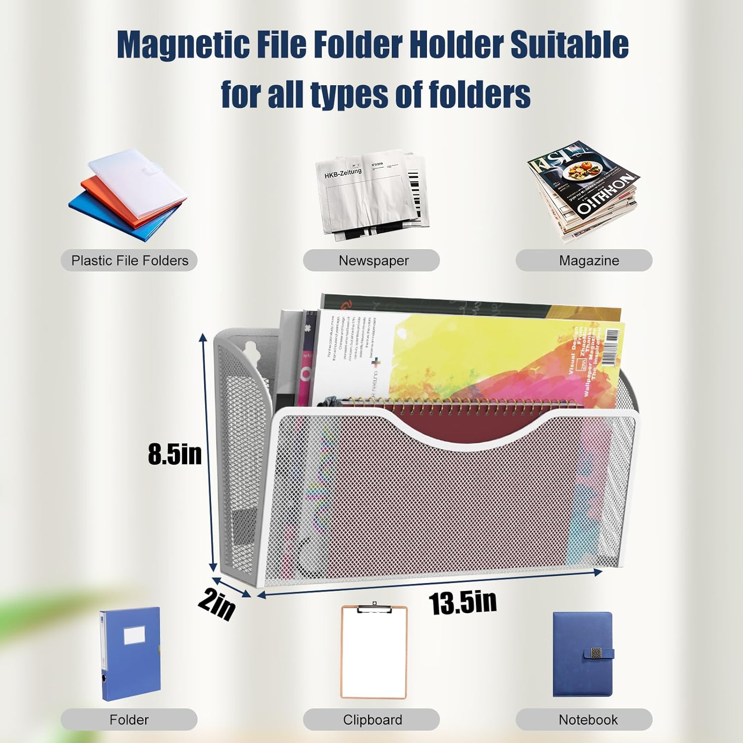 3 Pcs Magnetic File Holder for File Cabinets, Folder Holder Organizer- No Drilling Paper Document Holder, Large Capacity Office Hanging Magazine Rack for Refrigerator, Whiteboard, Office, Kitchen