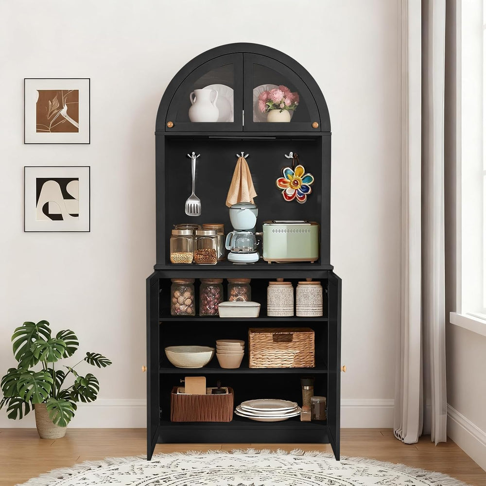 71" Tall Arched Kitchen Pantry Cabinet, Farmhouse Storage Cabinet with L...
