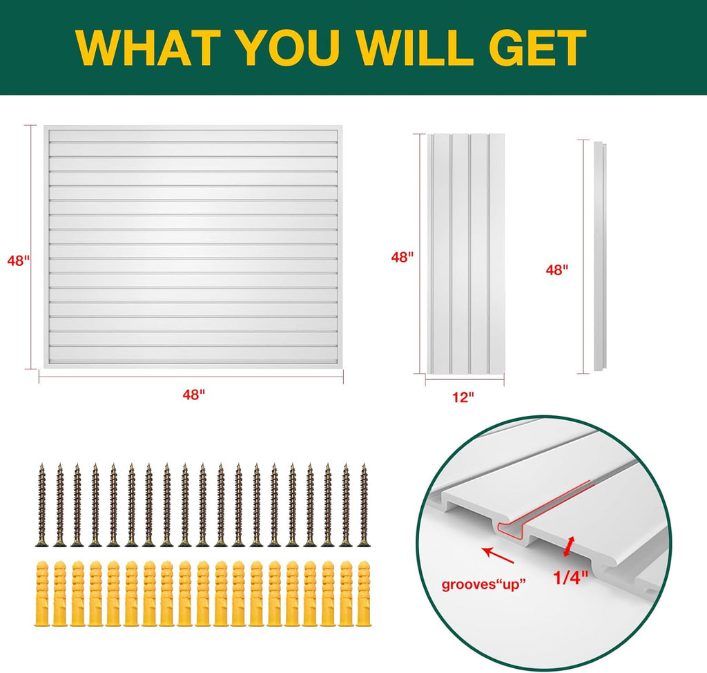 Yuzzy Slat Wall Paneling 4 x 4ft, Garage Slatwall Panel Wall Storage Systems, Heavy Duty PVC Garage Wall Organization (White)
