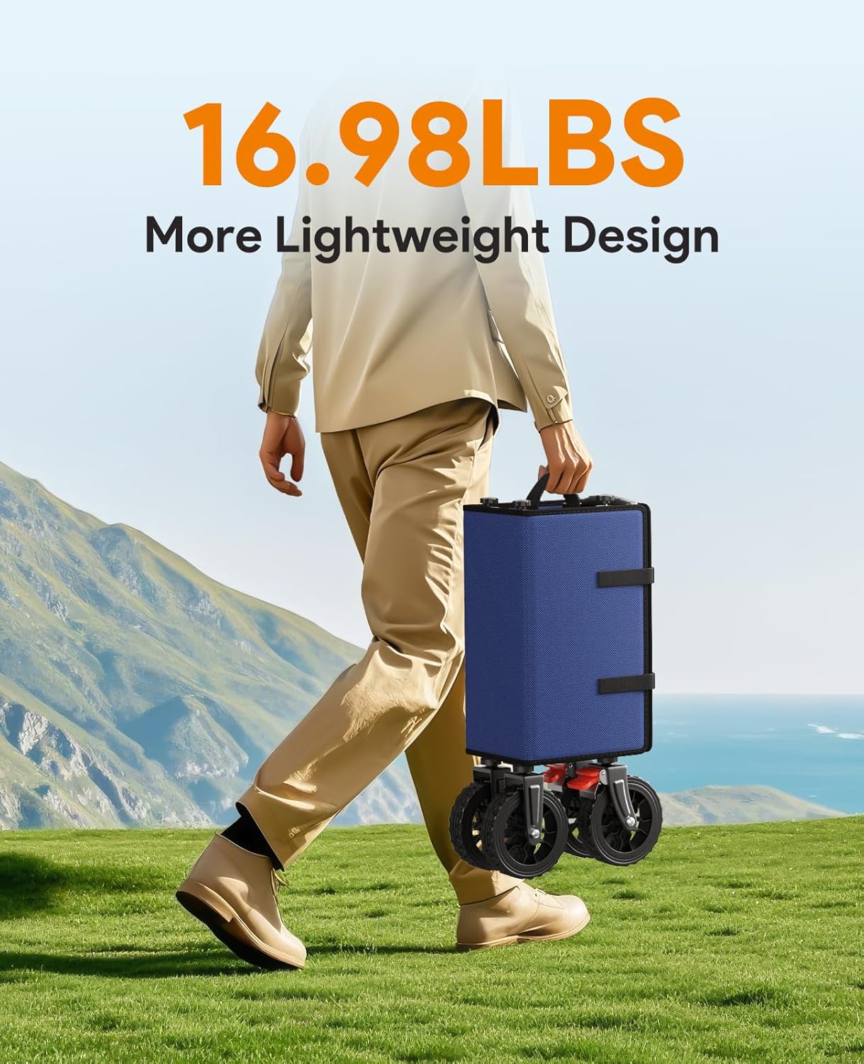 Wagon Carts Foldable, 180L Collapsible Foldable Wagon with 330lbs Weight Capacity, Heavy Duty Utility Cart with Drink Holders and Brakes for Beach Camping Shopping Sports Wheelbarrows, Blue