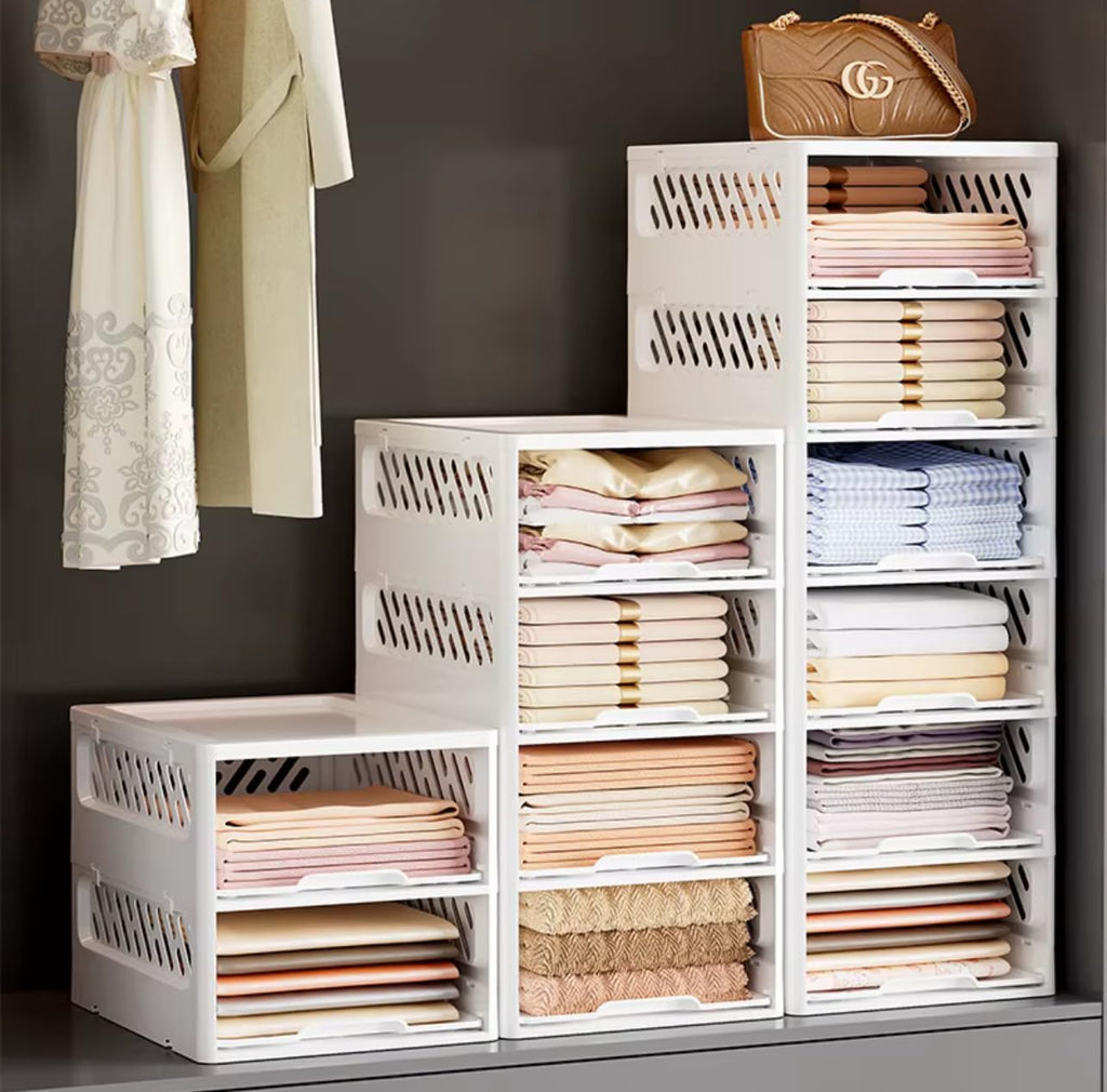 5 Pack Stackable Drawer Storage Baskets – Foldable Closet Organizer with Slide-Out Drawer Feature for Clothes, Kitchen, Bathroom & Laundry Room – Space-Saving Storage Bins, White