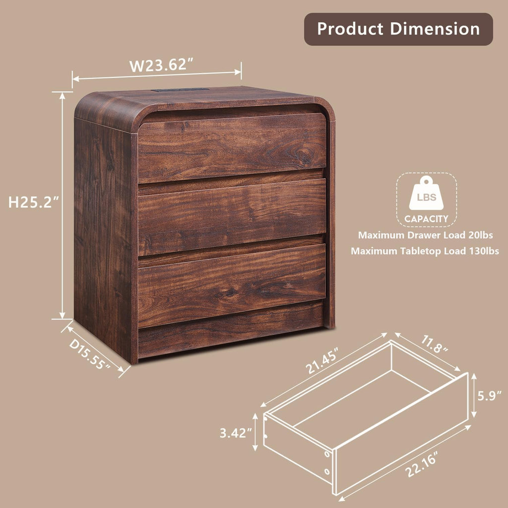 25" Tall Modern Nightstand Set of 2, 23.6" Wide Wood Bedside Table with Charging Station, 3 Storage Drawers Side Table w/Curved Profile Design,End Table for Bedroom, Living Room, Brown