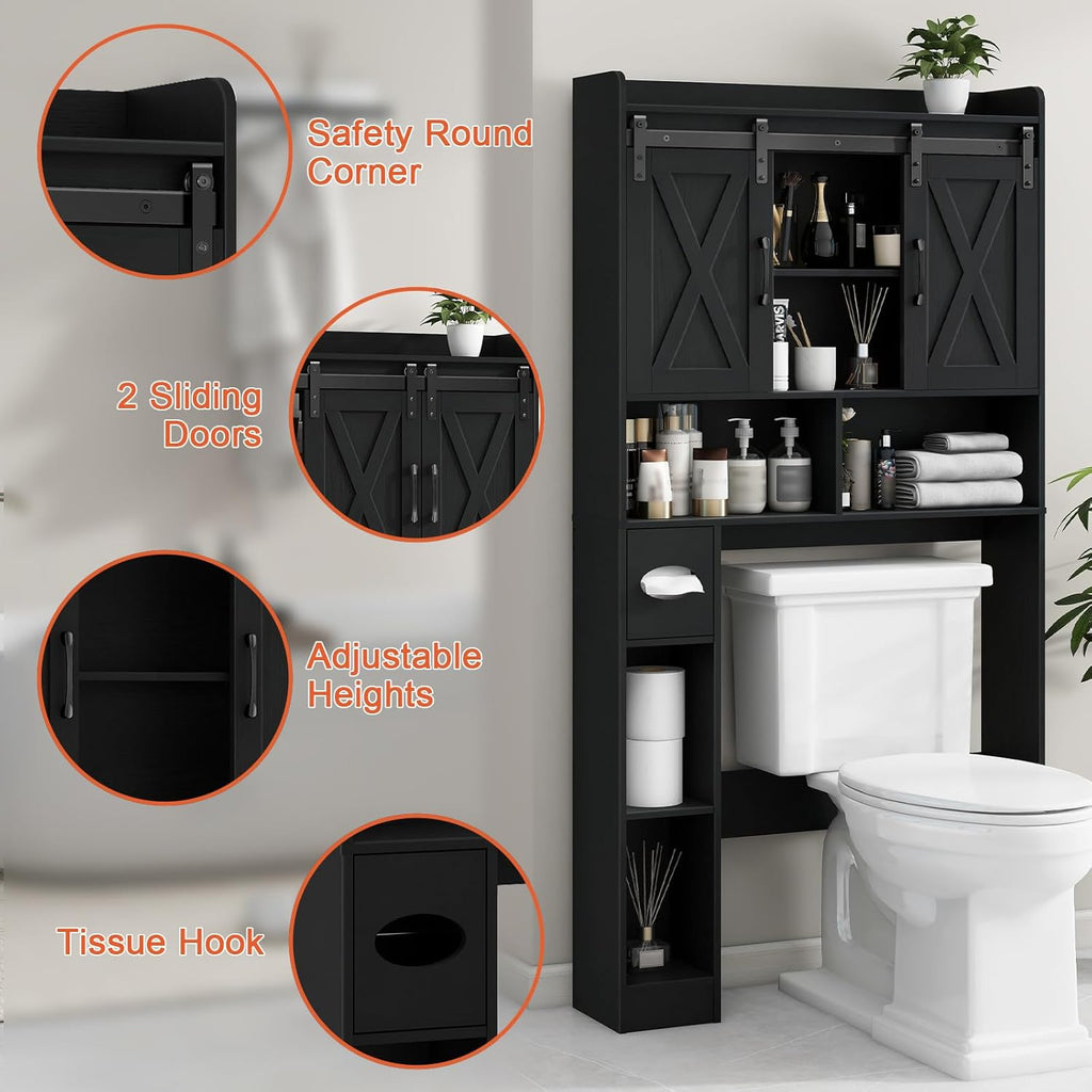 Vabches Over The Toilet Storage Cabinet, Farmhouse Storage Cabinet Over Toilet with Sliding Doors & Toilet Paper Holder Stand，Home Space-Saving Toilet Rack, for Bathroom, Laundry and Restroom.Black