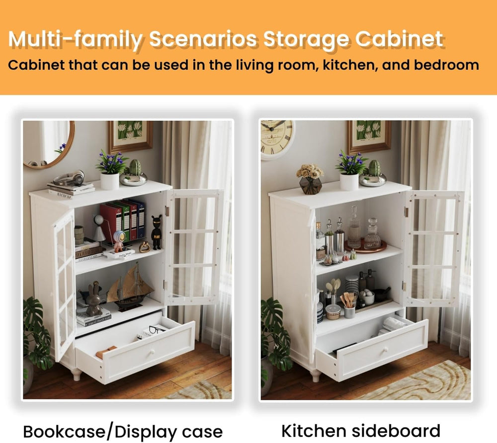 KEIKI Sideboard Buffet Cabinet with Glass Doors and Drawer, Wooden Storage Ca...