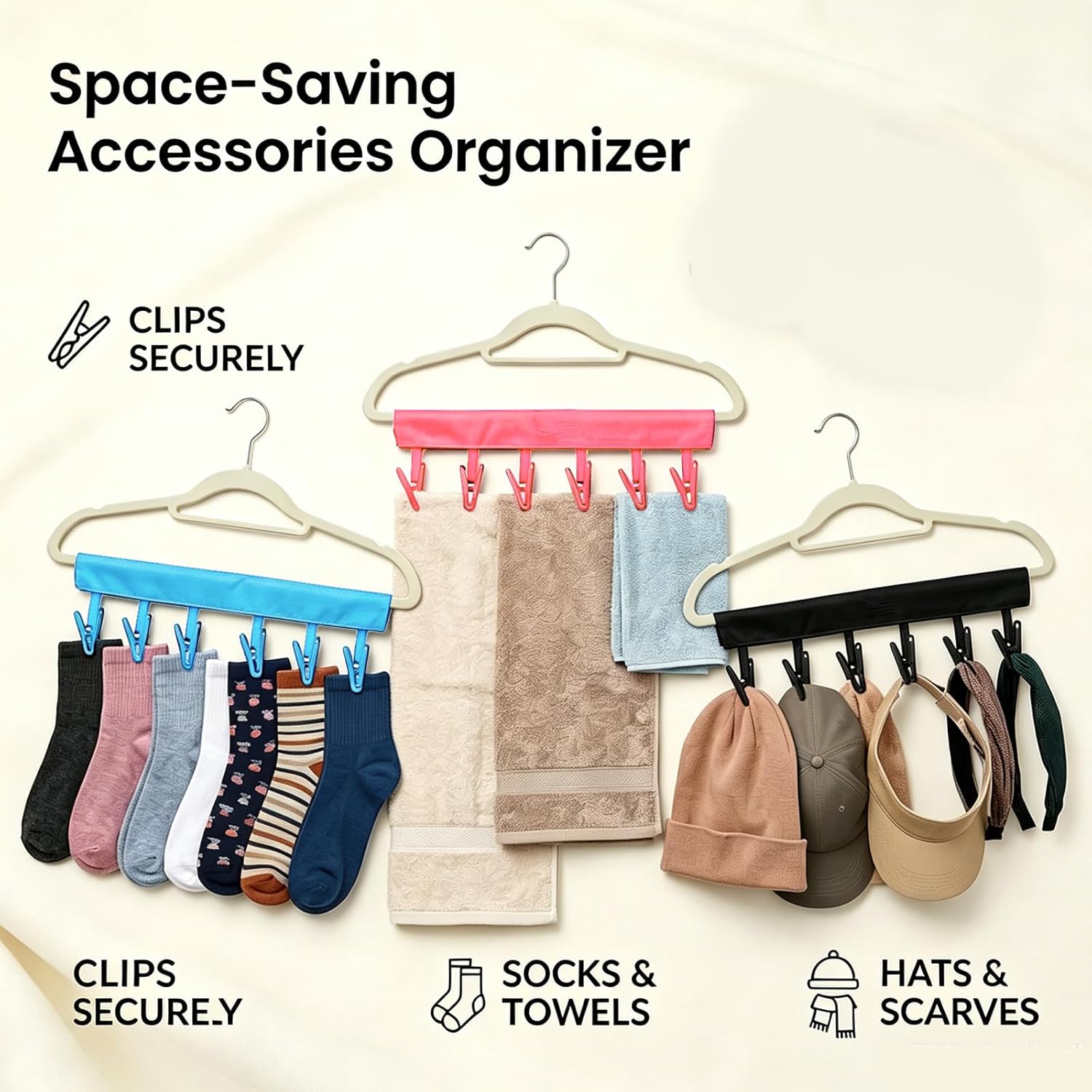 Mini Clothespins Travel Hangers 3-Pack: Foldable Portable Clothes Hangers w/ 6 Clips for Swimsuit, Towel & Sock Drying Rack - Cruise, Dorms, Travel (Black, Blue, Red)