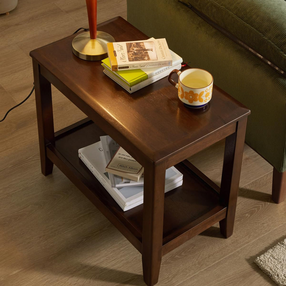 Solid Wood End Table with Storage Shelf, 2-Tier Rustic Side Table for Living ...