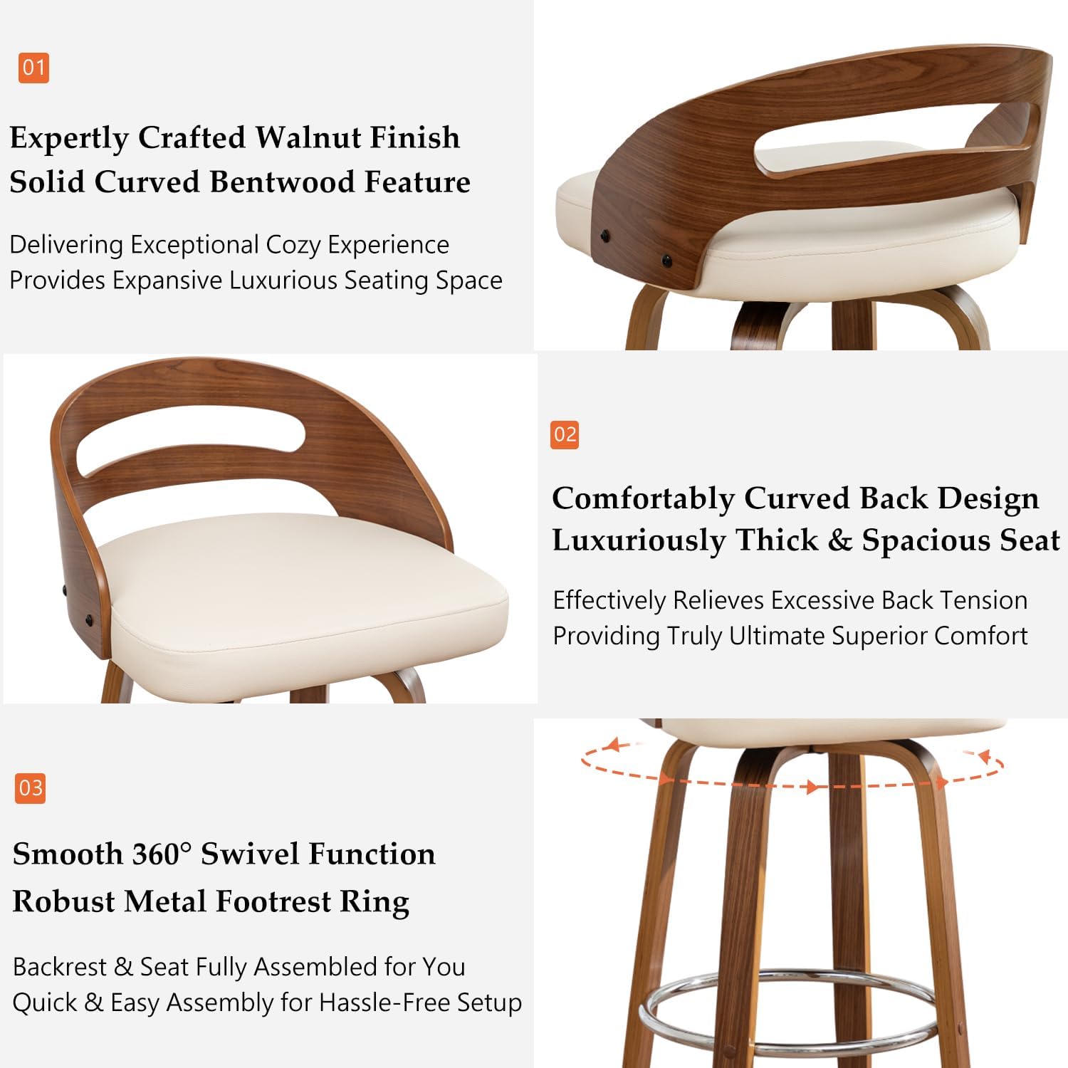 Swivel Bar Stools Set of 3, 30 inch Mid Century Bar Stools with Bentwood Curved Back, Walnut Craftsmanship, Upholstered Faux Leather, Bar Height BarStools for Bar/Cafe/Pub (Beige, 30" Seat Height)