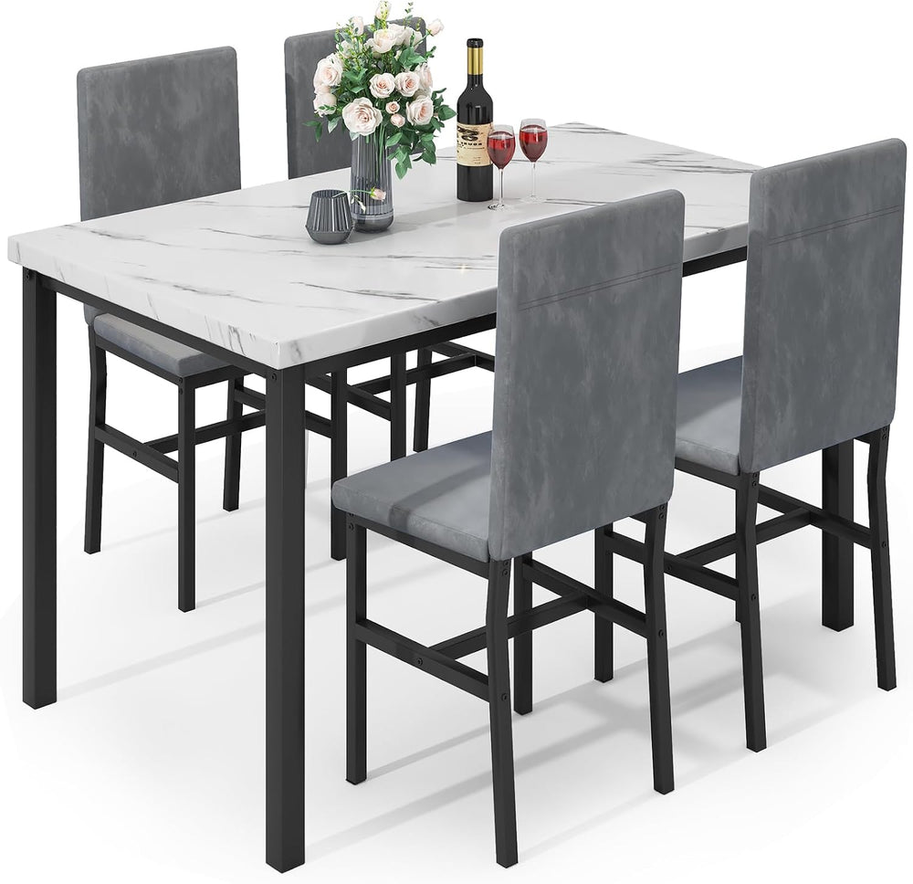 Hooseng 5-Piece Dining Table Set for 4 with Faux Marble Top & Velvet Chai...