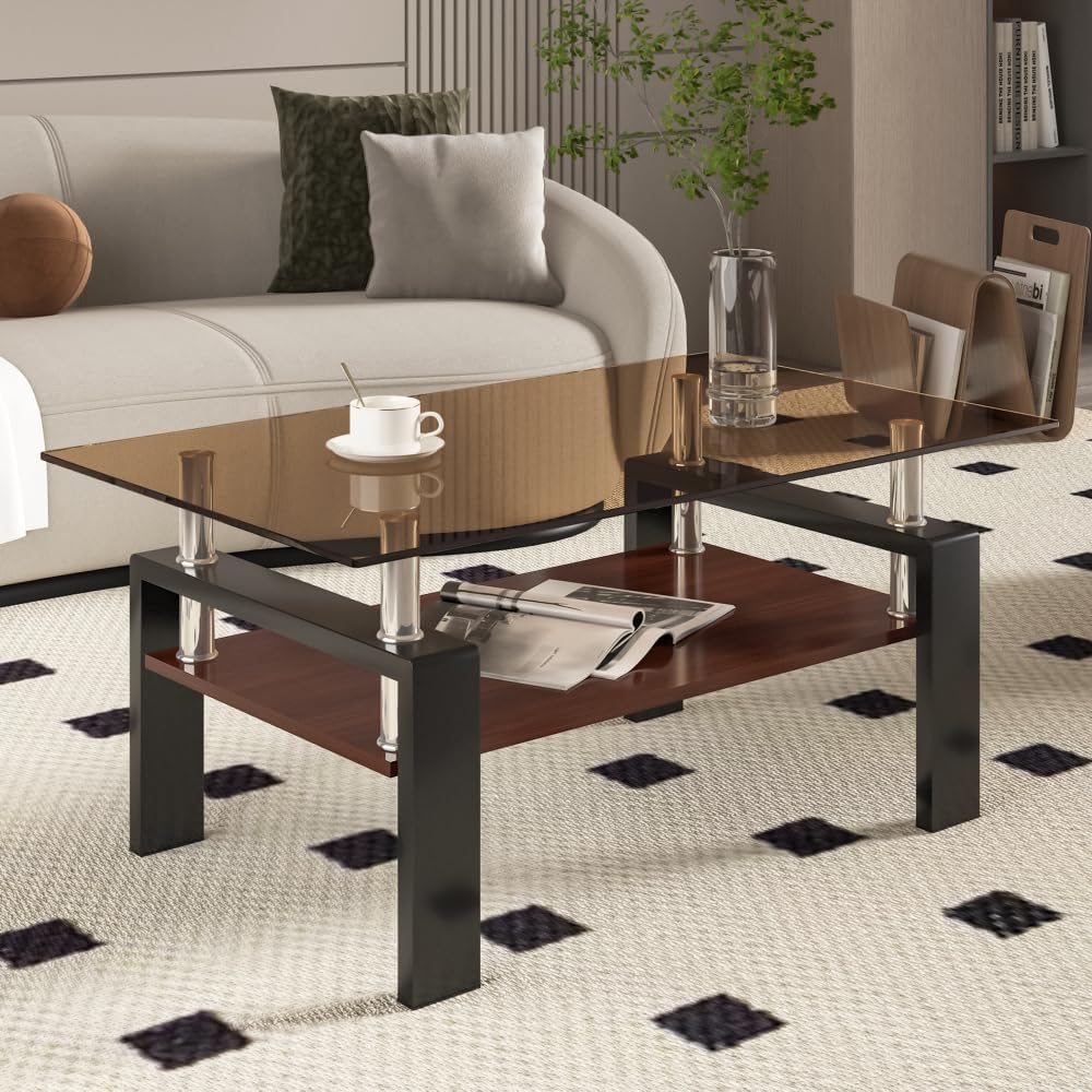 Rectangle Coffee Table, Tempered Glass Tabletop with MDF Layer, Modern Table ...