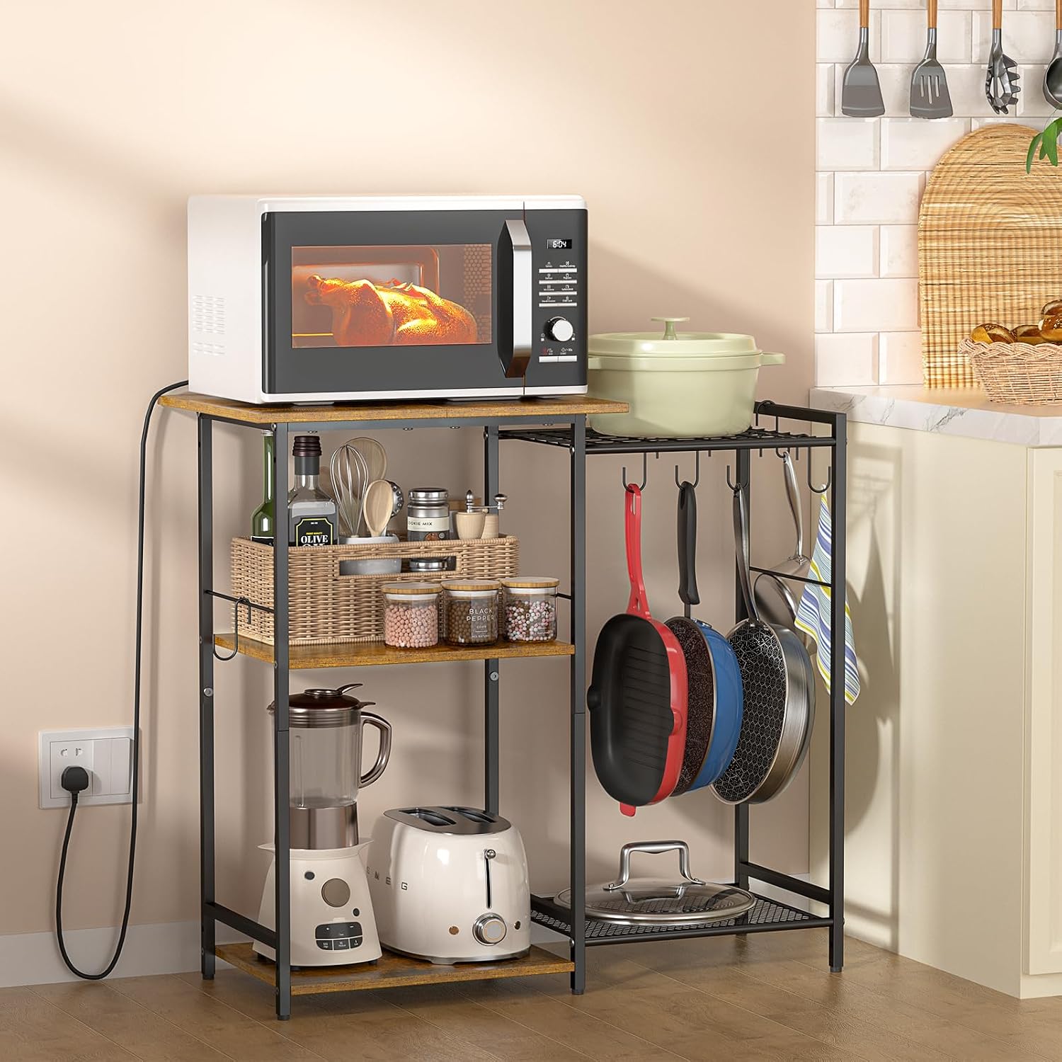 Kitchen Stand with Pots Rack, Utility Microwave Oven Stand with Storage, 5 Tiers Coffee Bar Table, Small Kitchen Bakers Rack with 6 S Hooks, Kitchen Storage Shelf Rack for Spices, Pots, Rustic Brown