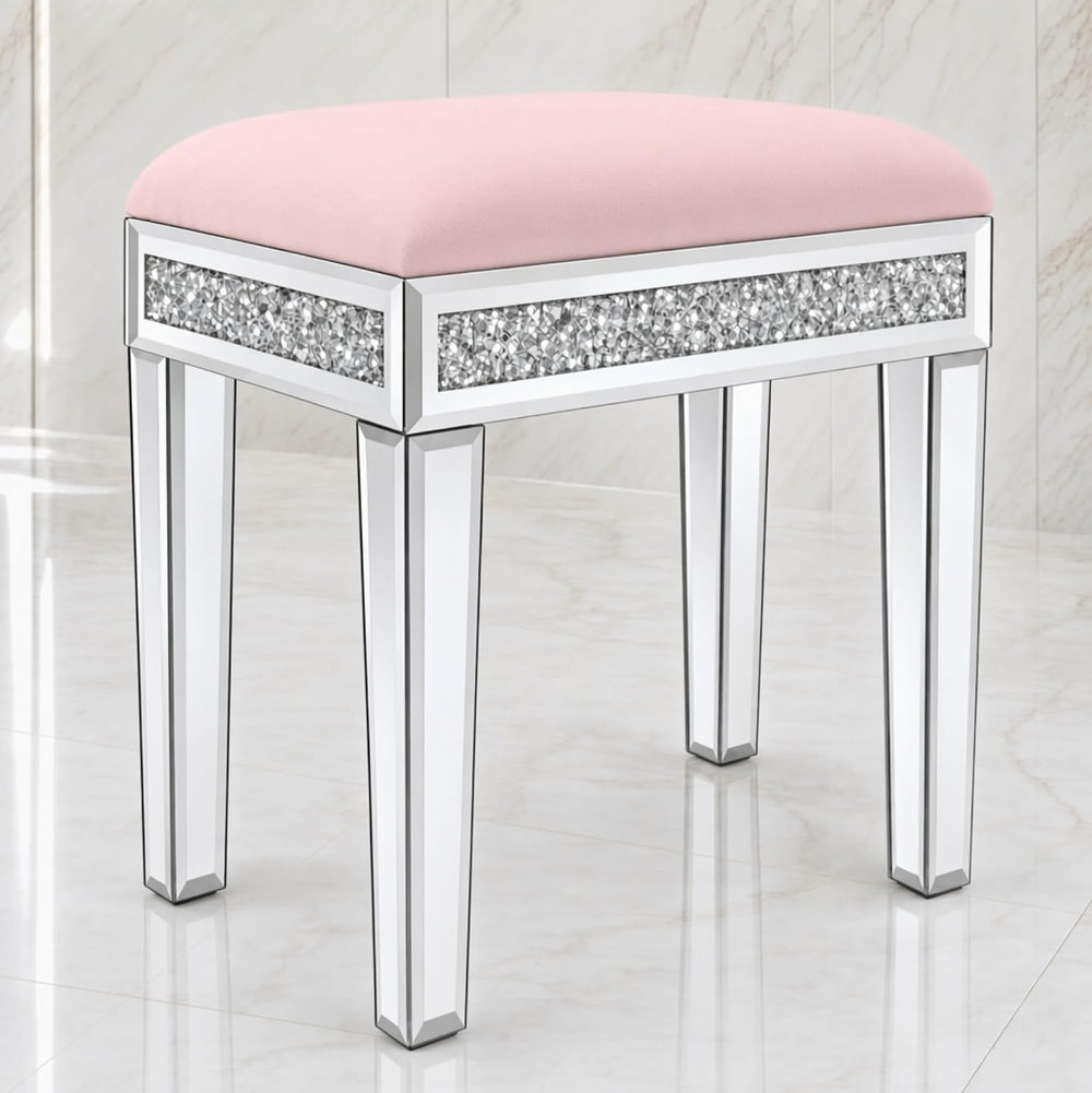 Vanity Stool with Storage – Mirrored Legs, Velvet Cushioned Ottoman, Hidden C...