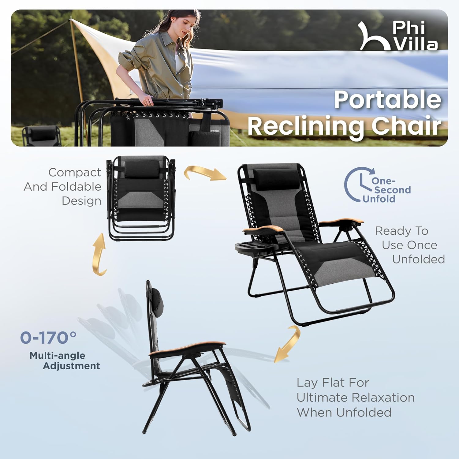 PHI VILLA XXL Oversized Padded Zero Gravity Chair, Foldable Patio Recliner, 30" Wide Seat Anti Gravity Lounger with Cup Holder, Support 400 LBS (Black)