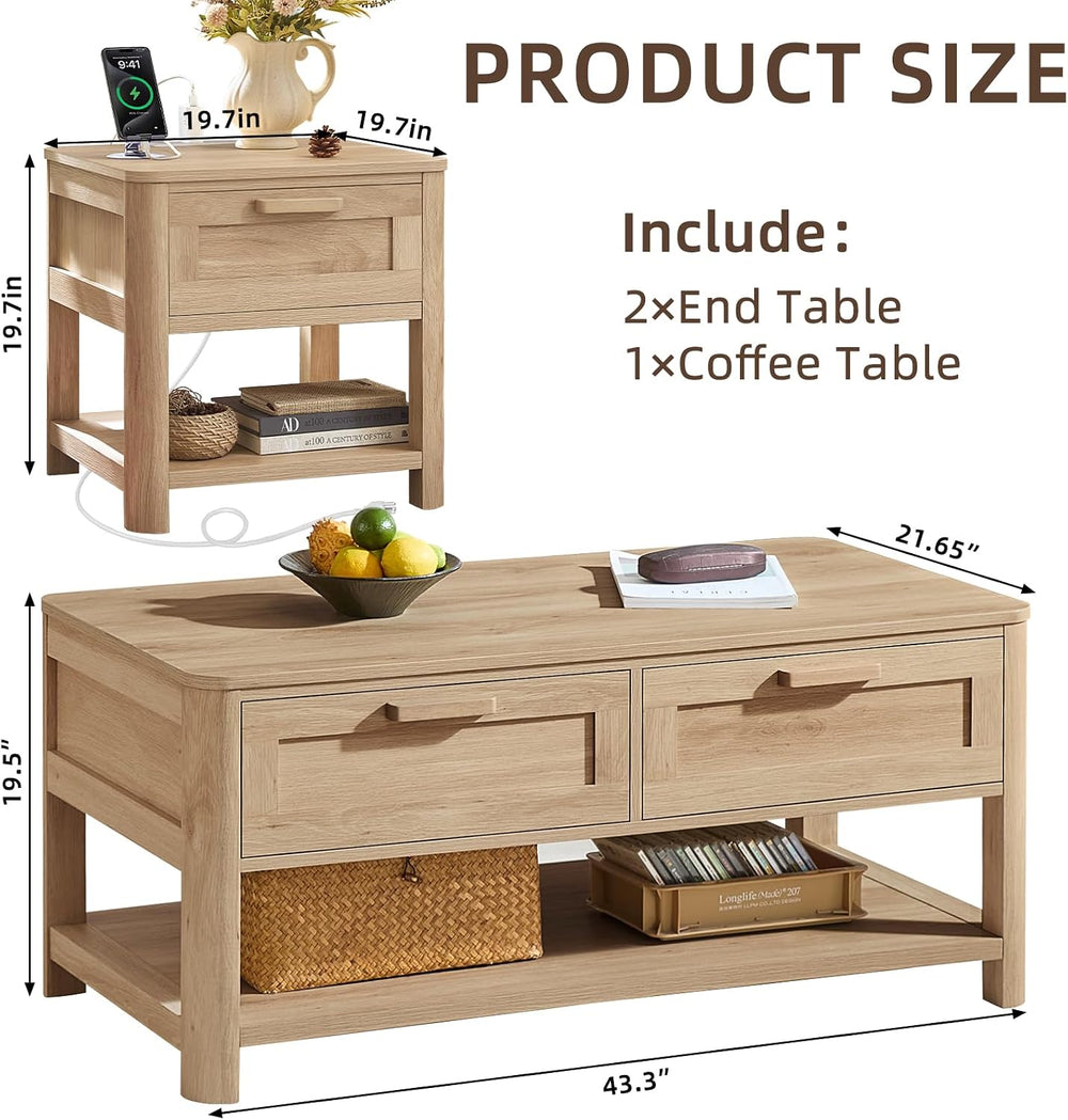 Joaxswe Farmhouse Coffee Table Set of 3, Natural Wood | Livng Room Table Sets...