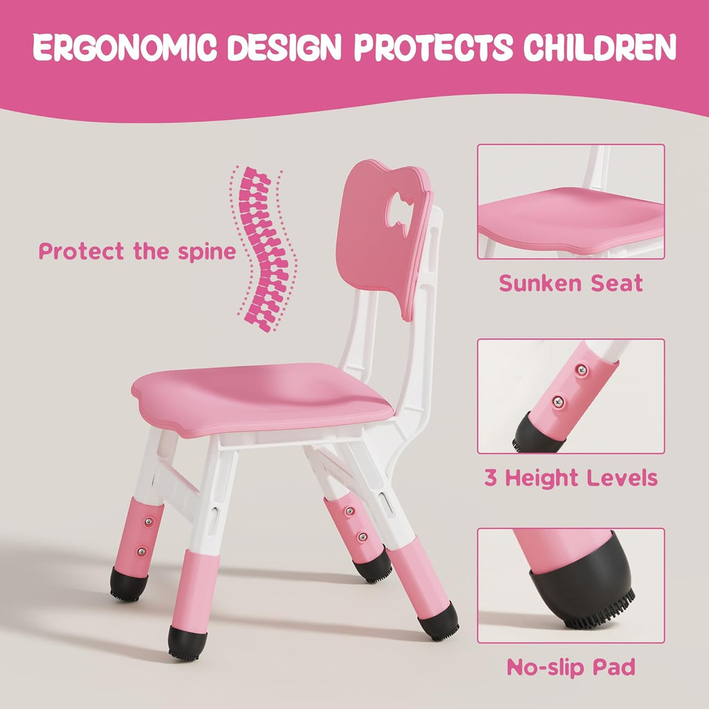 Brelley Height Adjustable Toddler Table and 2 Chairs Set, Pink | Table Supports 280 lbs, Wooden Drawing Activity Desk, Classroom/Daycare/Home, Children Multi-Activity Table for Ages 3-8