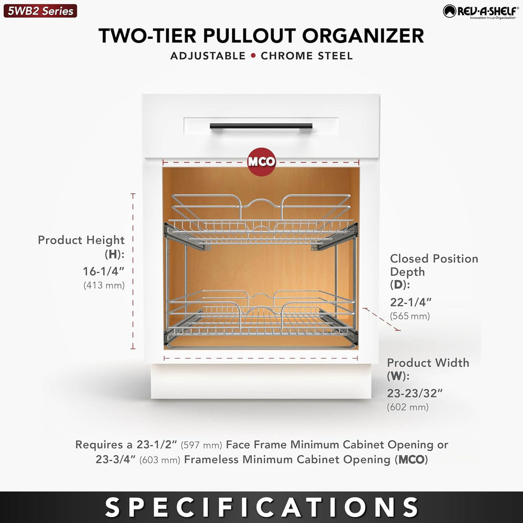 Rev-A-Shelf 2-Tier Kitchen Cabinet Pullout Shelf and Drawer Organizer Slide Out Pantry Storage Basket in Multiple Sizes, 24 x 22 In, 5WB2-2422-CR-1