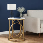 LITTLE TREE 20” Round End Table，Modern Sofa Side Table with Gold O-Shaped Base, Faux Marble White Cocktail Table Accent Table Nightstand for Living Room Bedroom