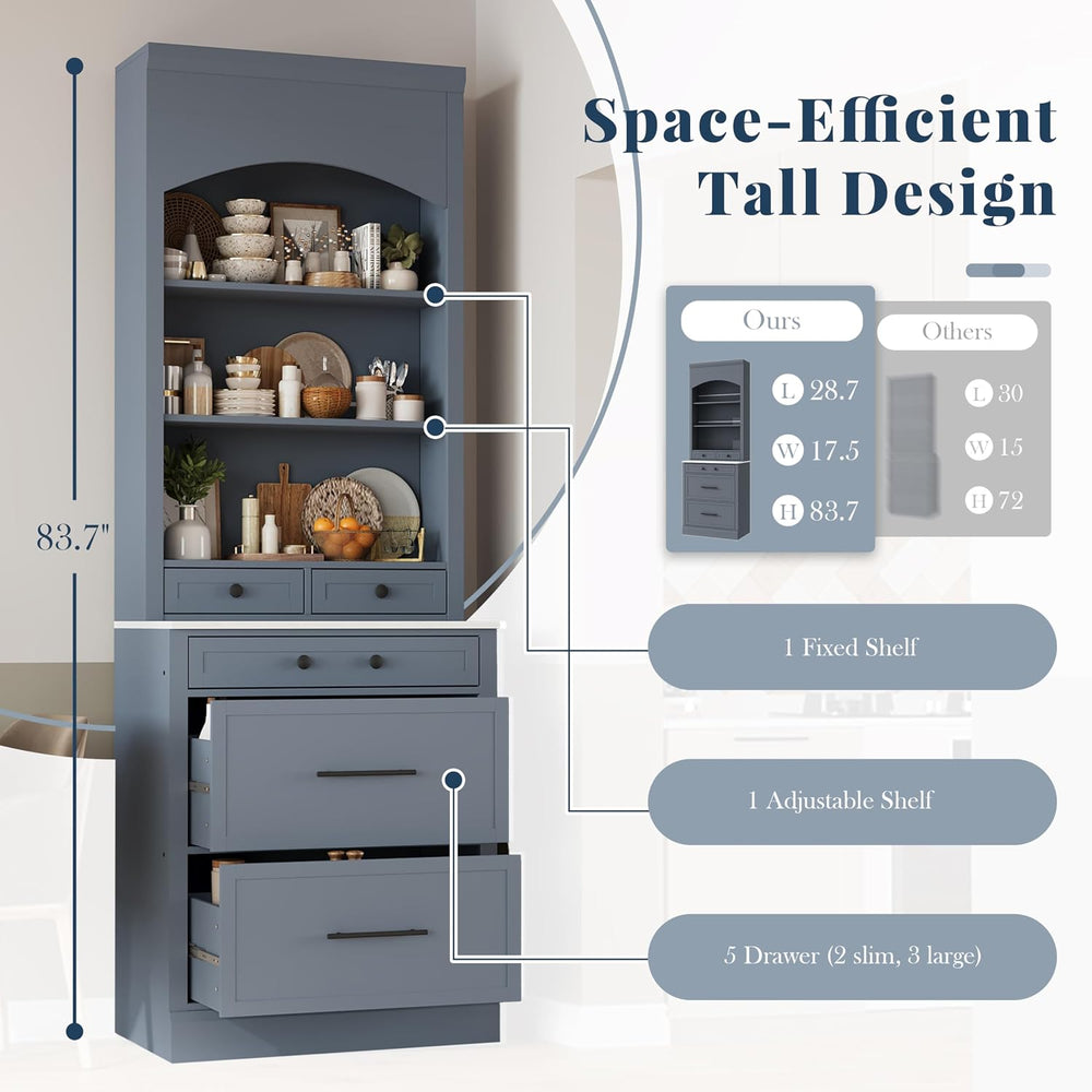 Modern 83.7inch High Kitchen Pantry, Freestanding Tall Kitchen Hutch with Fau...