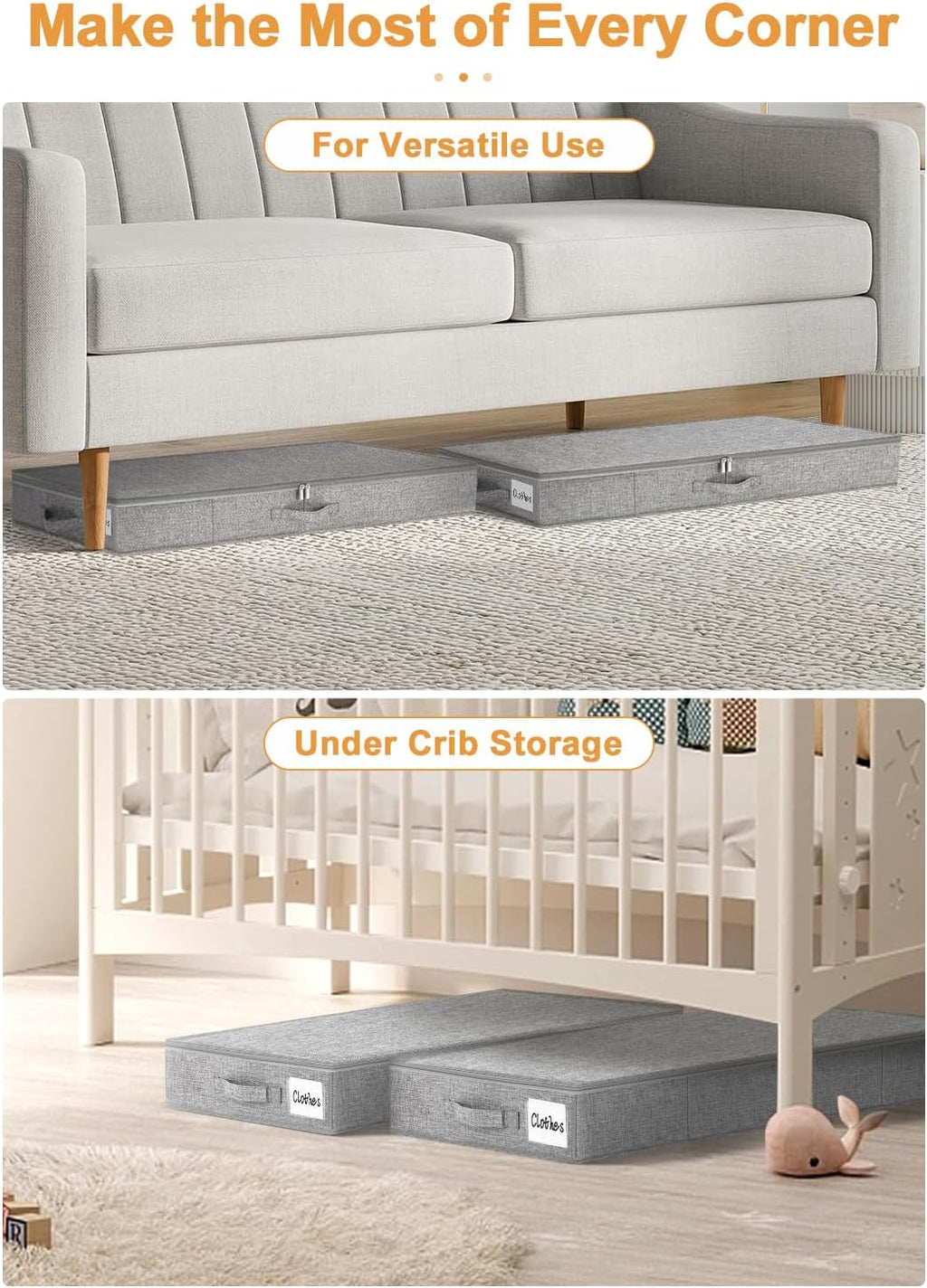 punemi Low Profile Under Bed Storage, 4 Inch Height Underbed Storage Containers With Sturdy Sidewalls & Bottom, Shallow Under Bed Organizer Clothes Storage Bins, Slim Under Couch Sofa Dresser Storage