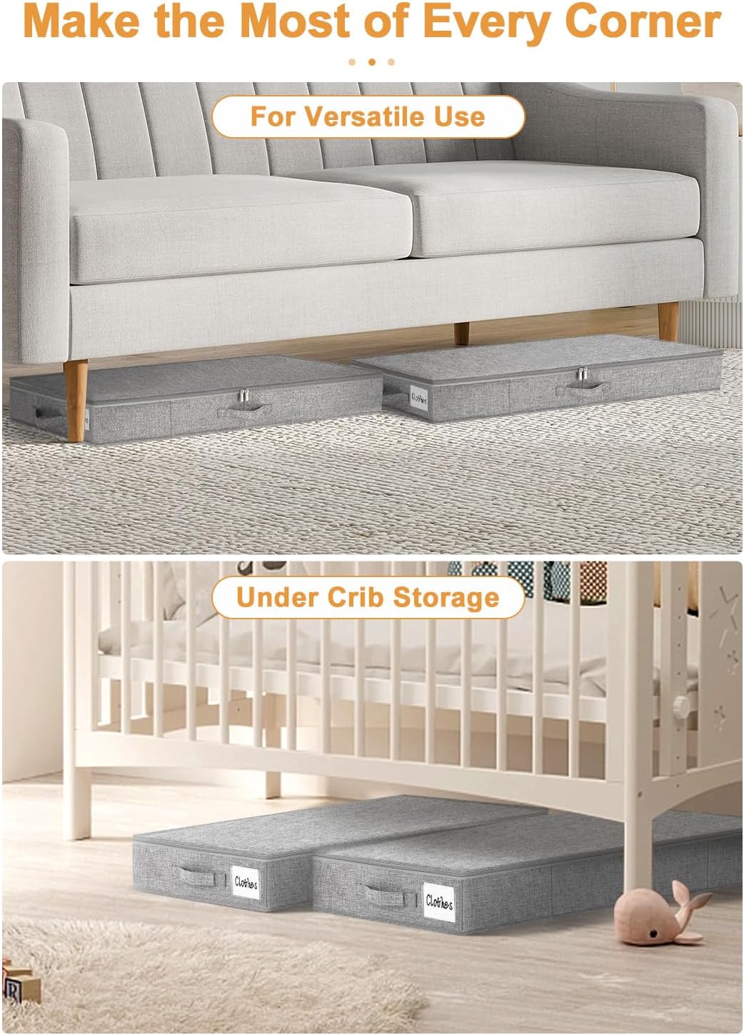 punemi Low Profile Under Bed Storage, 4 Inch Height Underbed Storage Containers With Sturdy Sidewalls & Bottom, Shallow Under Bed Organizer Clothes Storage Bins, Slim Under Couch Sofa Dresser Storage