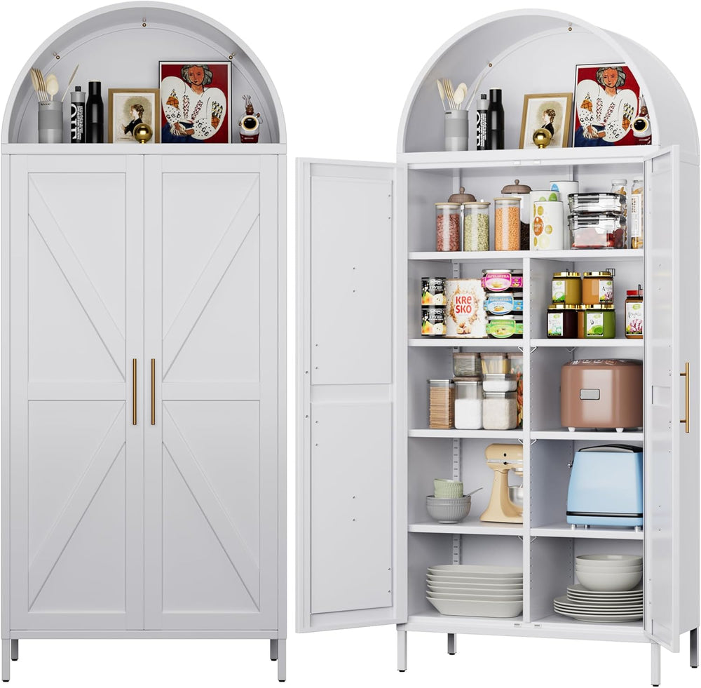 72.8" H White Metal Arched Pantry Cabinet, 30.7" W, 2-Door | Kitche...