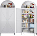 72.8" H White Metal Arched Pantry Cabinet, 30.7" W, 2-Door | Kitchen storage cupboard with 6 adjustable shelves, and anti-tip kit for pantry, dining, laundry, or bath, Assembly Required
