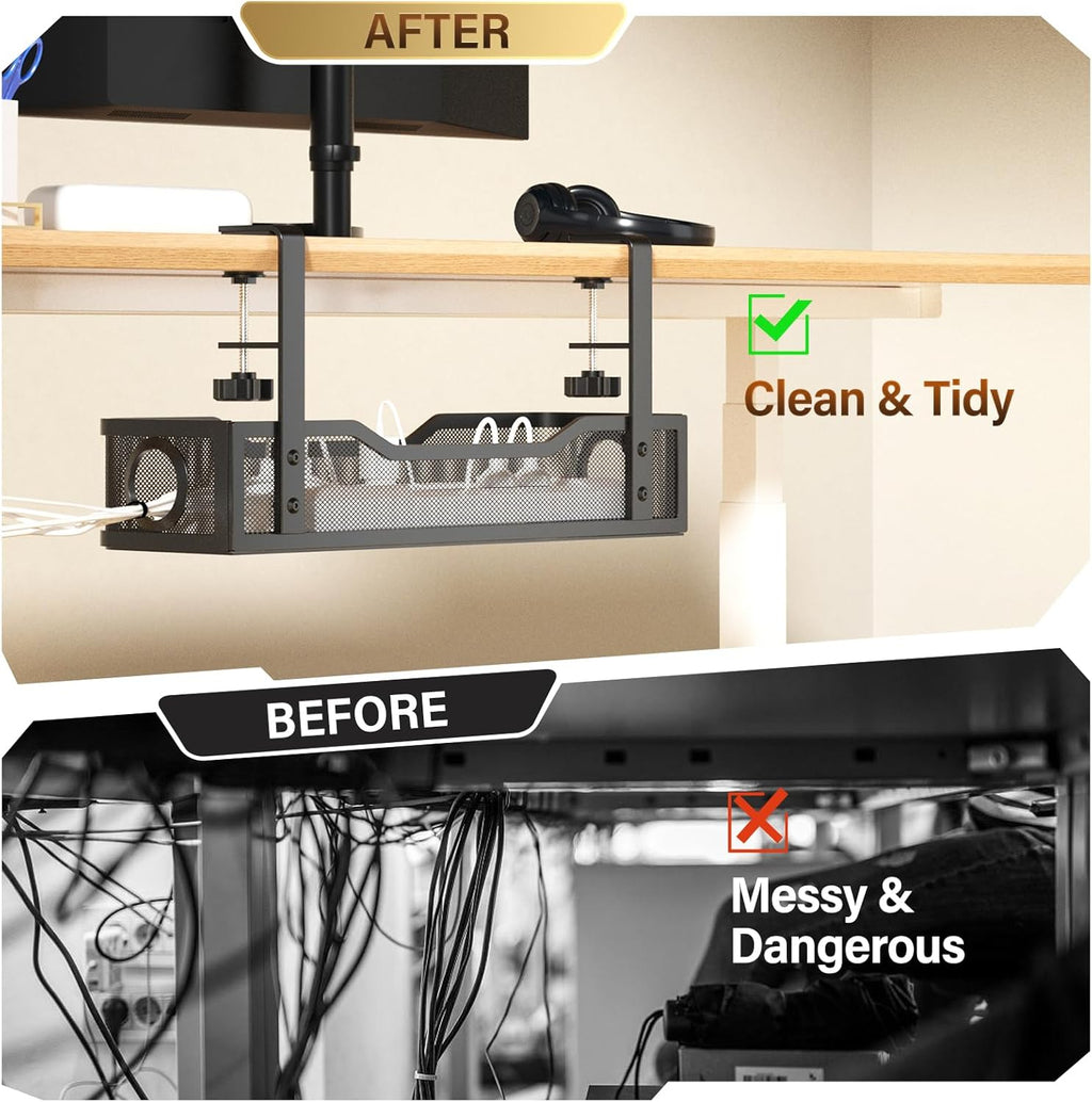 [Upgraded] Under Desk Cable Management Large, Cinati 16" Cable Management Box for Table Thickness up to 3", Wire Cord Organizer with Clamp No Drill, No Damage to Desk(Black)