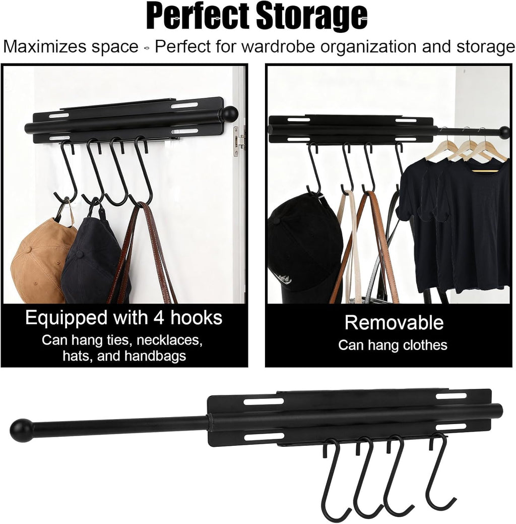 Valet Rod for Closet, Carbon Steel Extending Closet Valet Rod with 4 Hooks & Installation Hardware Heavy Duty Pull Out Hanger Bar Rack Accessories for Hanging Clothes Bathroom Laundry (Black)
