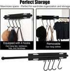 Valet Rod for Closet, Carbon Steel Extending Closet Valet Rod with 4 Hooks & Installation Hardware Heavy Duty Pull Out Hanger Bar Rack Accessories for Hanging Clothes Bathroom Laundry (Black)