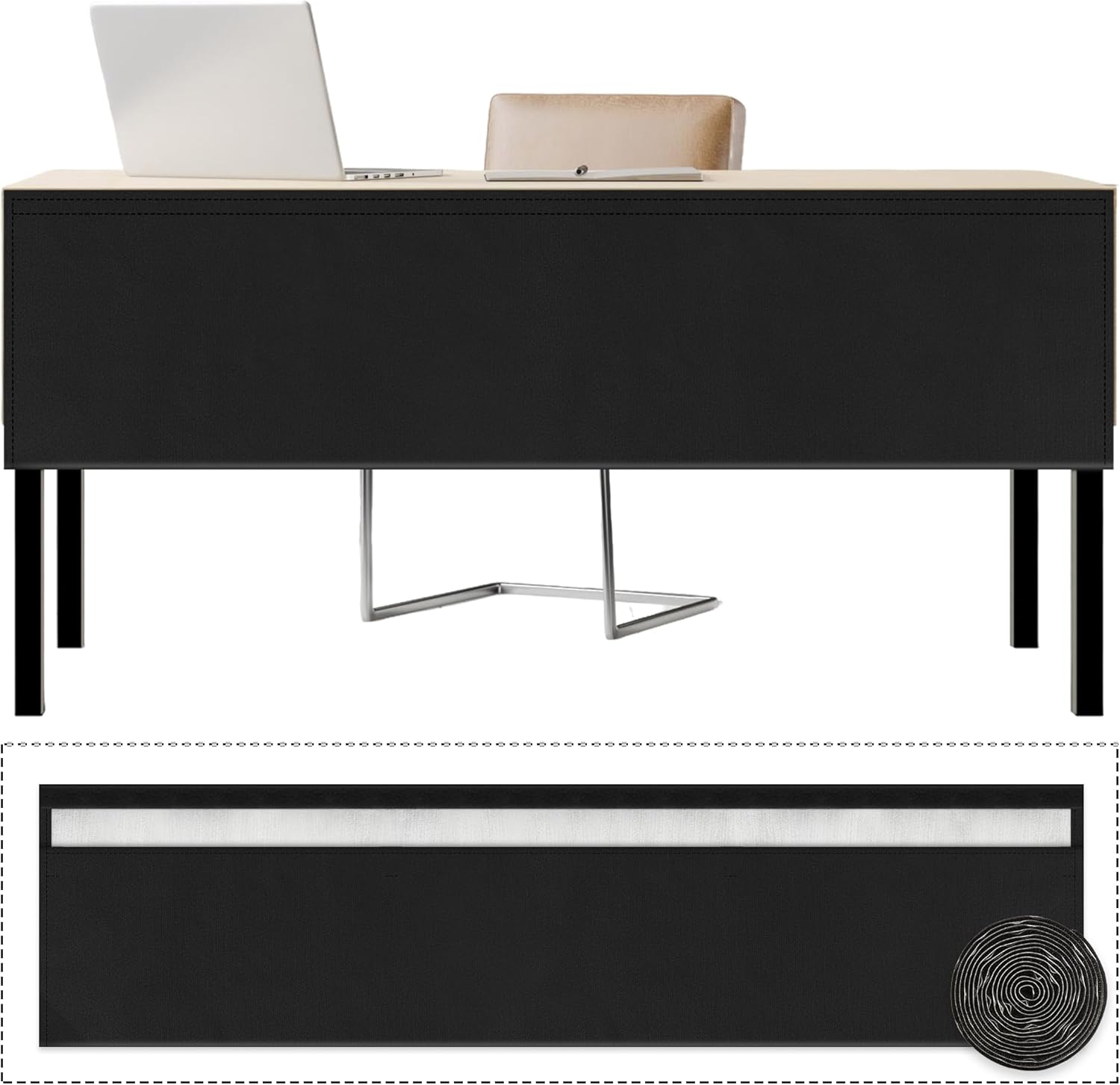 60" Under Desk Privacy Panel with Cable Management Organizer Sleeve Self-Adhesive Modesty Panel for Cord Organizer Pockets and Desk Skirt for Home Office or Standing Workstation