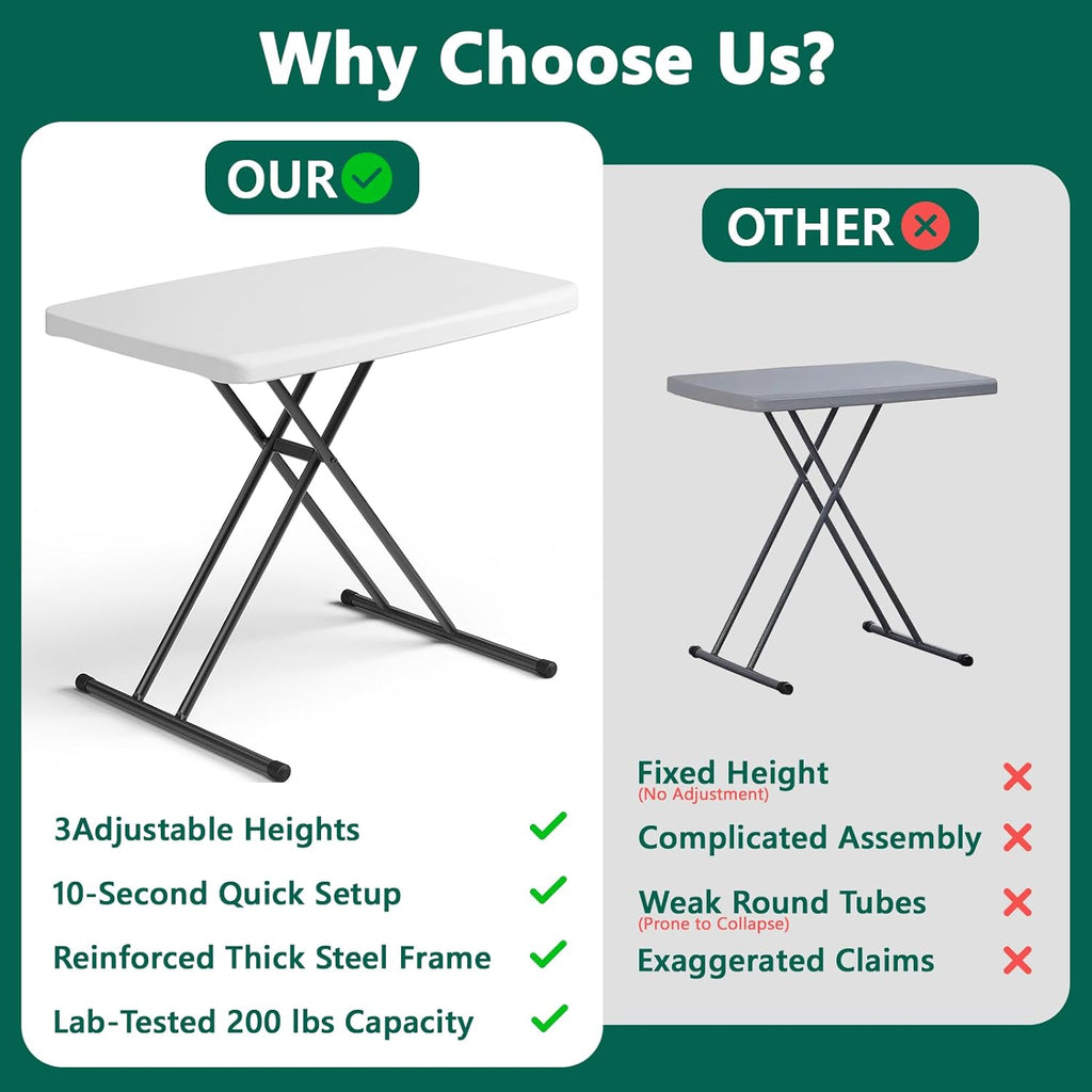 30 Inch Folding Table, Adjustable Height TV Tray for Small Spaces, Heavy Duty Foldable Utility Table for Laptop, Dining, Camping, No Assembly, 200 lbs Capacity, White Granite