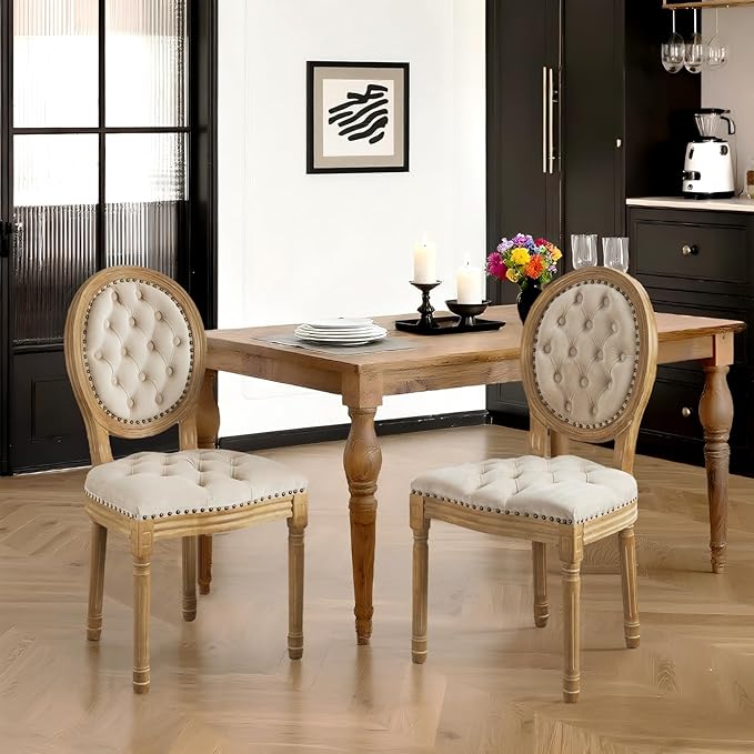 French Country Dining Chairs Set of 4,Farmhouse Upholstered Dining Room Chairs with Tufted Round Back&Solid Leg,Velvet Kitchen Side Chairs for Kitchen/Bedroom/Dining Room,Beige