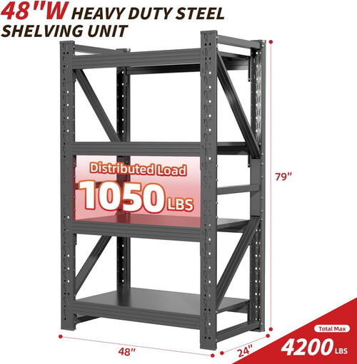 48" W Garage Shelving,4-Tier Heavy Duty Storage Shelves Unit with Adjustable Metal Shelf for Warehouse,Basement,Workshop,4200LBS,48" W x 24" D x 79" H,Black