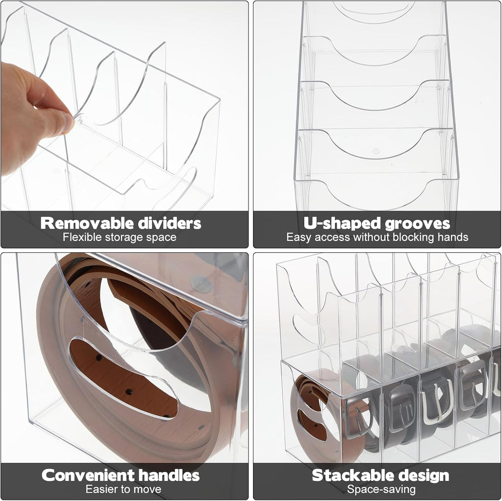 2 Pack Acrylic Belt Organizer Clear Stackable Belt Storage Holder Purse Organizer for Closet - 5 Compartments with Removable Dividers,Display Case Pantry Cabinet Organizers for Ties,Socks,Underwear