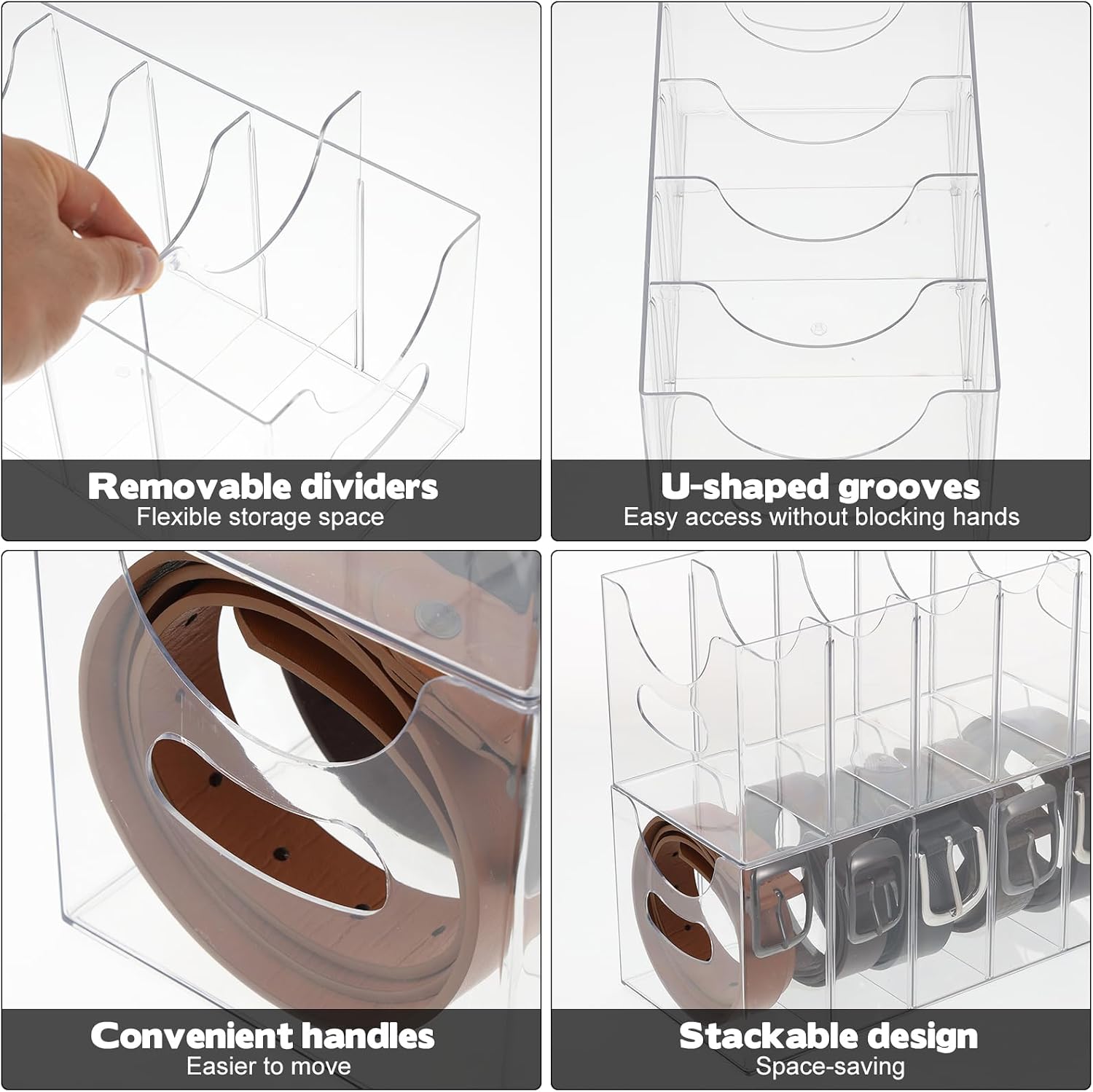2 Pack Acrylic Belt Organizer Clear Stackable Belt Storage Holder Purse Organizer for Closet - 5 Compartments with Removable Dividers,Display Case Pantry Cabinet Organizers for Ties,Socks,Underwear