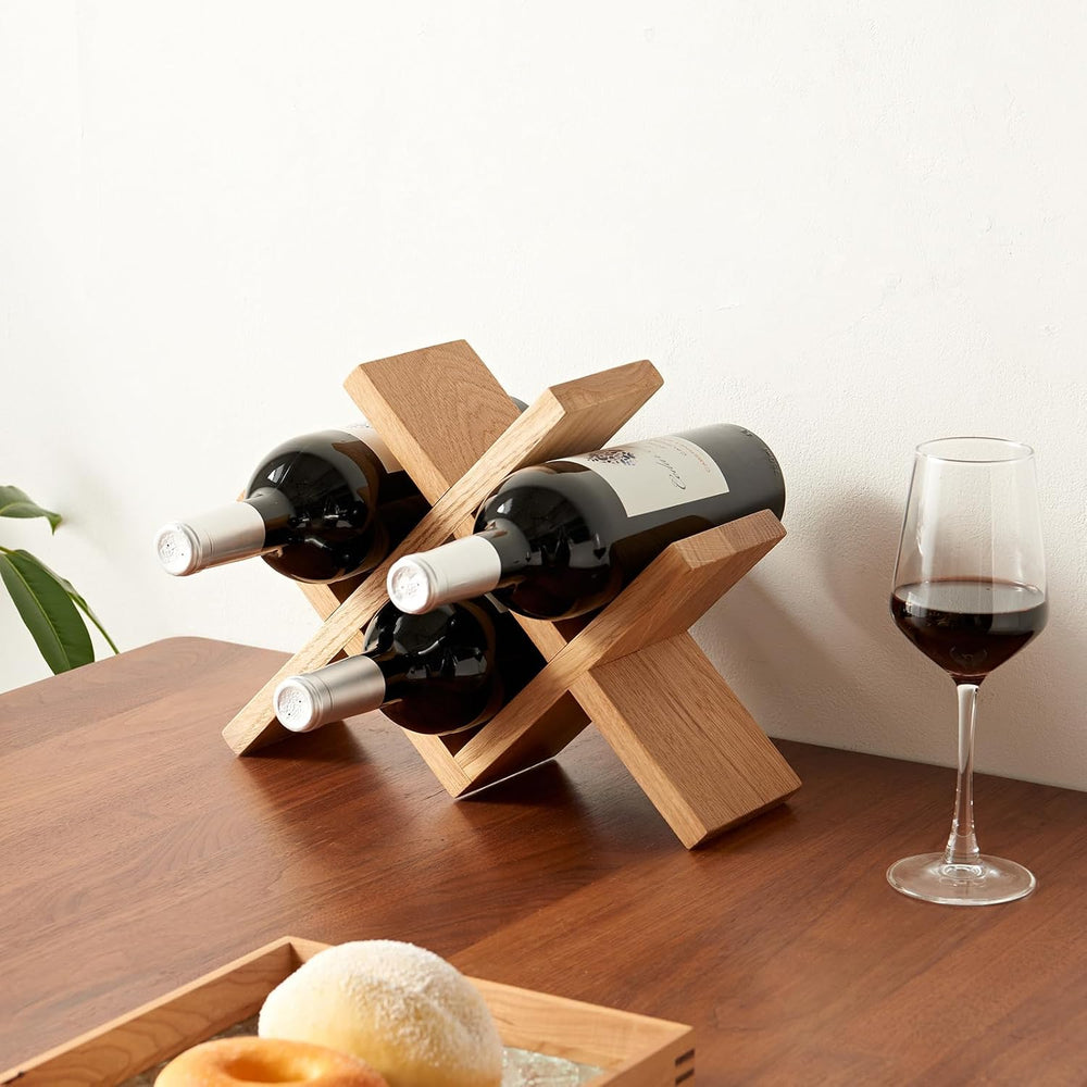 Solid Oak Wine Rack Countertop, 4 Bottle Tabletop Wine Holder - No Assembly F...