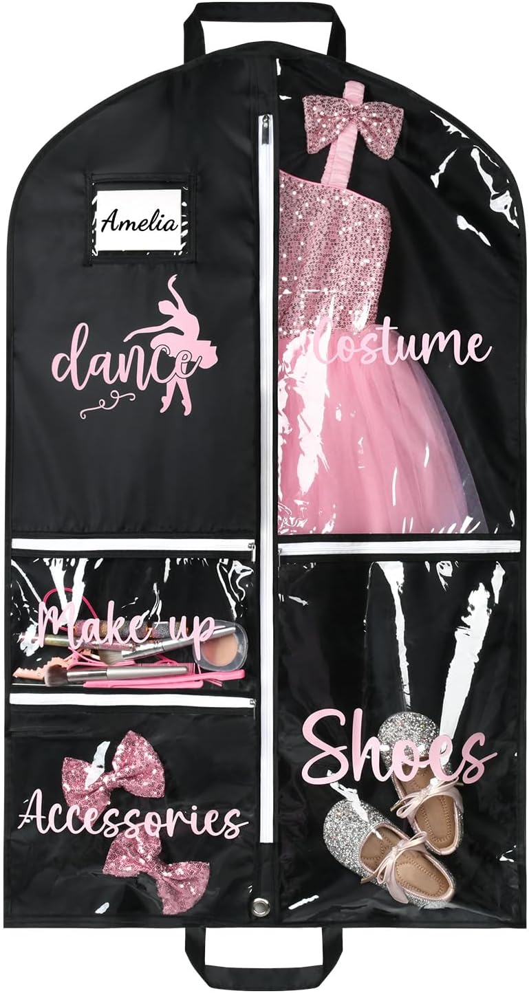 DEEKA Dance Garment Bag for Hanging Clothes with Zipper Pockets Dance Accessories Essentials Uniform Costume 40 Inch Dress Bags for Dance Competition Girls (Black,Pink-Dance)