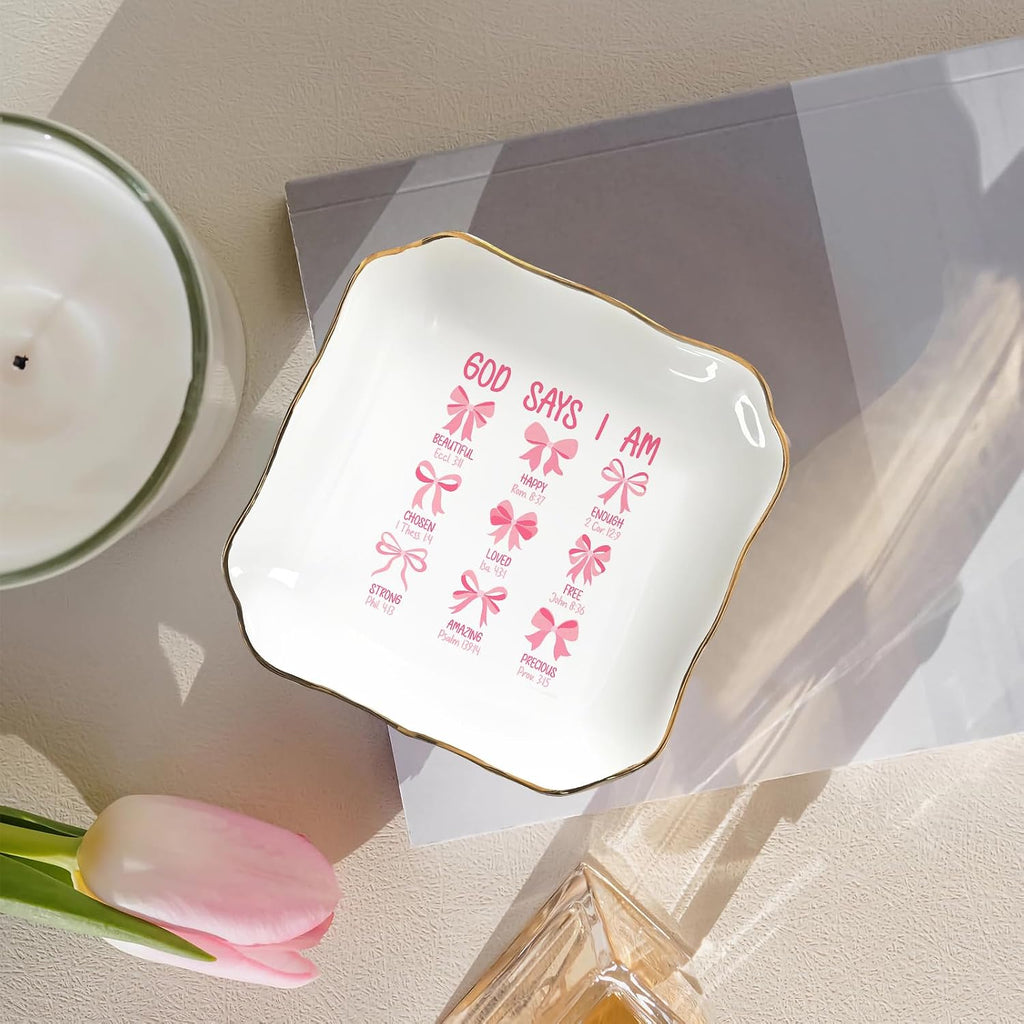 God Says You Are Jewelry Dish - Pink Bow Ceramic Ring Holder Tray for Women, Inspirational Bible Verse Jewelry Organizer Gift for Birthday, Christmas, Wedding, Friend, Mom