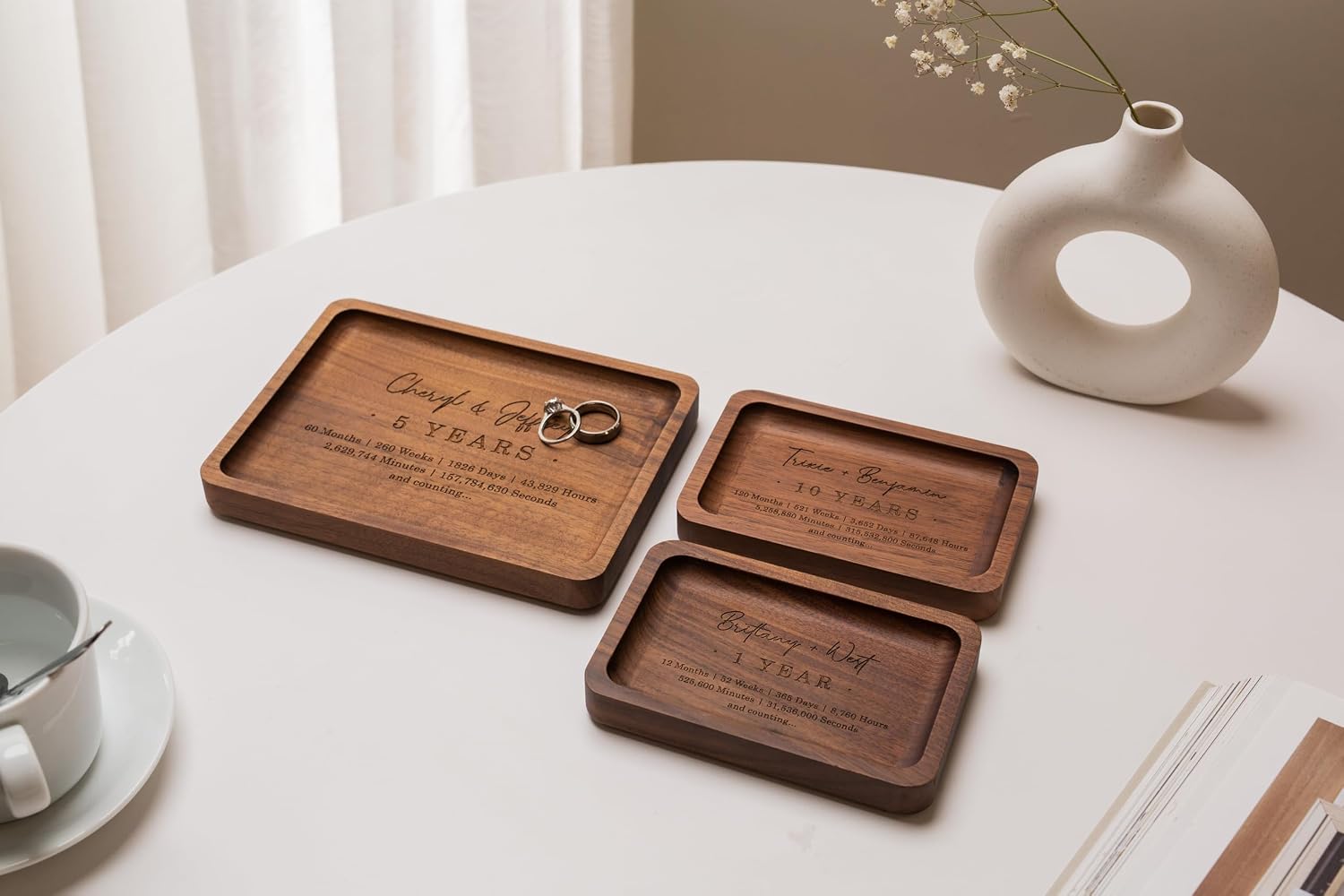 Custom 10th Year Custom Engraved Rec Tray - Custom Engraved Walnut Wooden Tray with Couple’s Names for Tenth Wedding Anniversary, Romantic Keepsake Gift for Him or Her