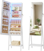 LVSOMT Jewelry Armoire Cabinet Standing, Full Length Mirror with Storage | Space-saving Mirror with Jewelry Storage, Built-in LED Makeup Mirror, Jewelry Organizer Cabinet for Women, White